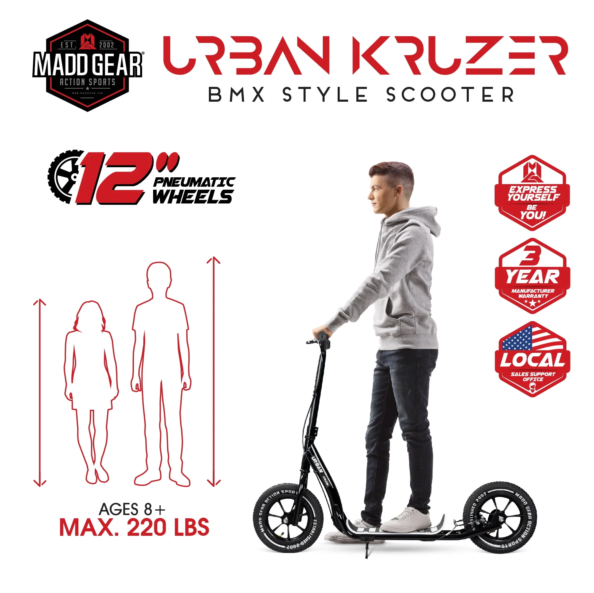Madd Gear Urban Glide Commuter Kick Scooter for Adults and Teens with Large Smooth Rolling Rubber Tires.