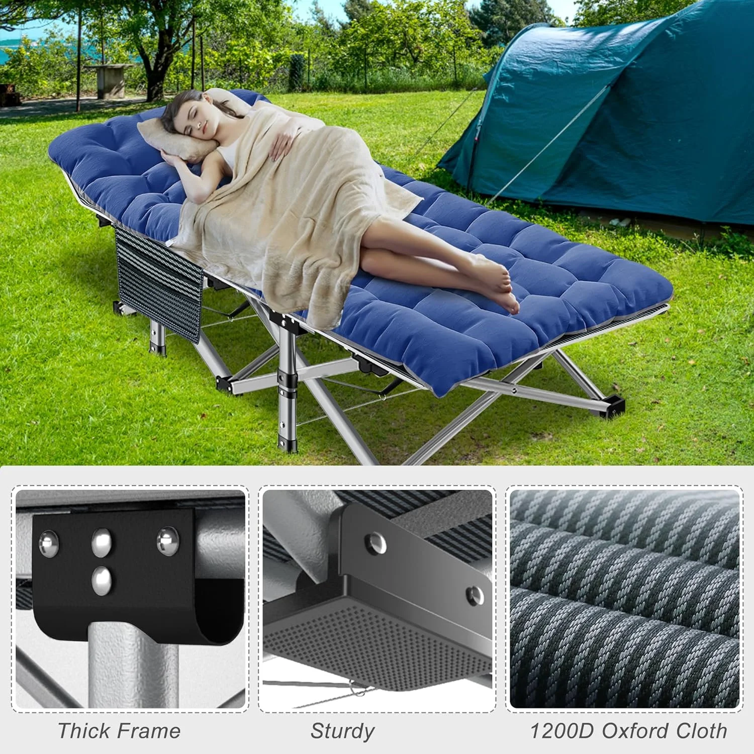 ABORON Folding Camping Cot W/Mat for Adults, Heavy Duty Outdoor Bed with Carry Bag,1200 D Layer Oxford Travel Camp Cots - Curated Treasures Market