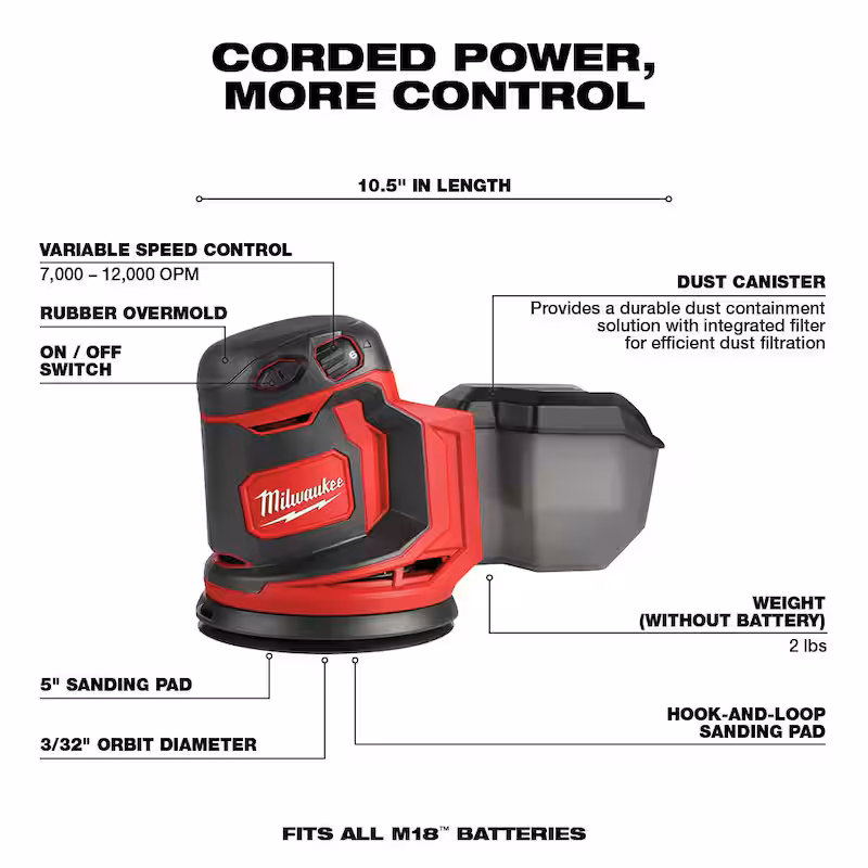 M18 18V Lithium-Ion Cordless 5 in. Random Orbit Sander with (2) M18 5.0Ah Batteries