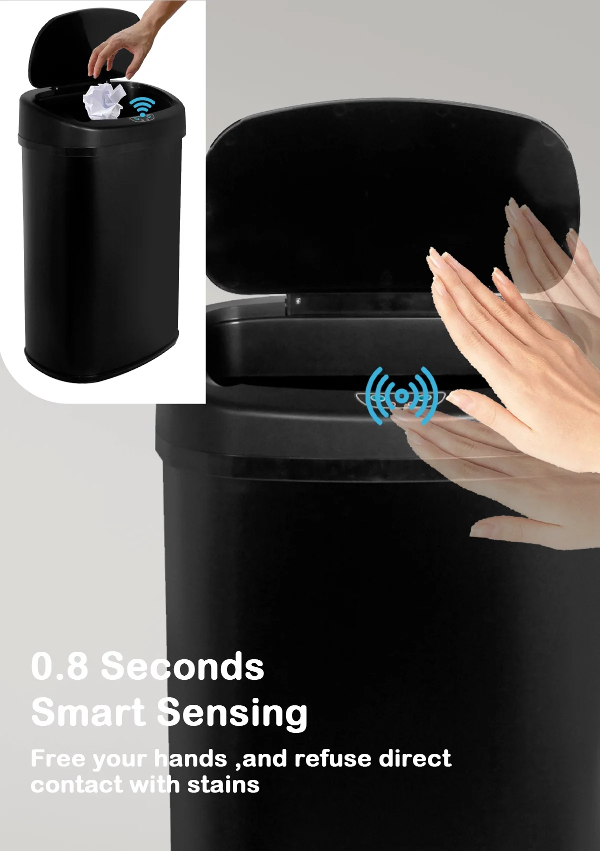 CL.HPAHKL 13 Gallon Trash Can with Touch-Free & Motion Sensor, Automatic Stainless-Steel Kitchen Garbage Can with Lid, Trashcan Trash Bin for for Bathroom Bedroom Home Office, Black - Curated Treasures Market