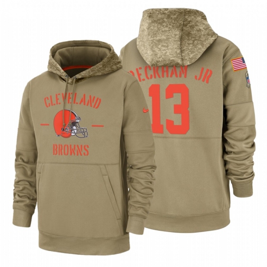 Men's Cleveland Browns #13 Odell Beckham Jr #13 2019 Salute to Service Tan Sideline Therma Pullover Hoodie