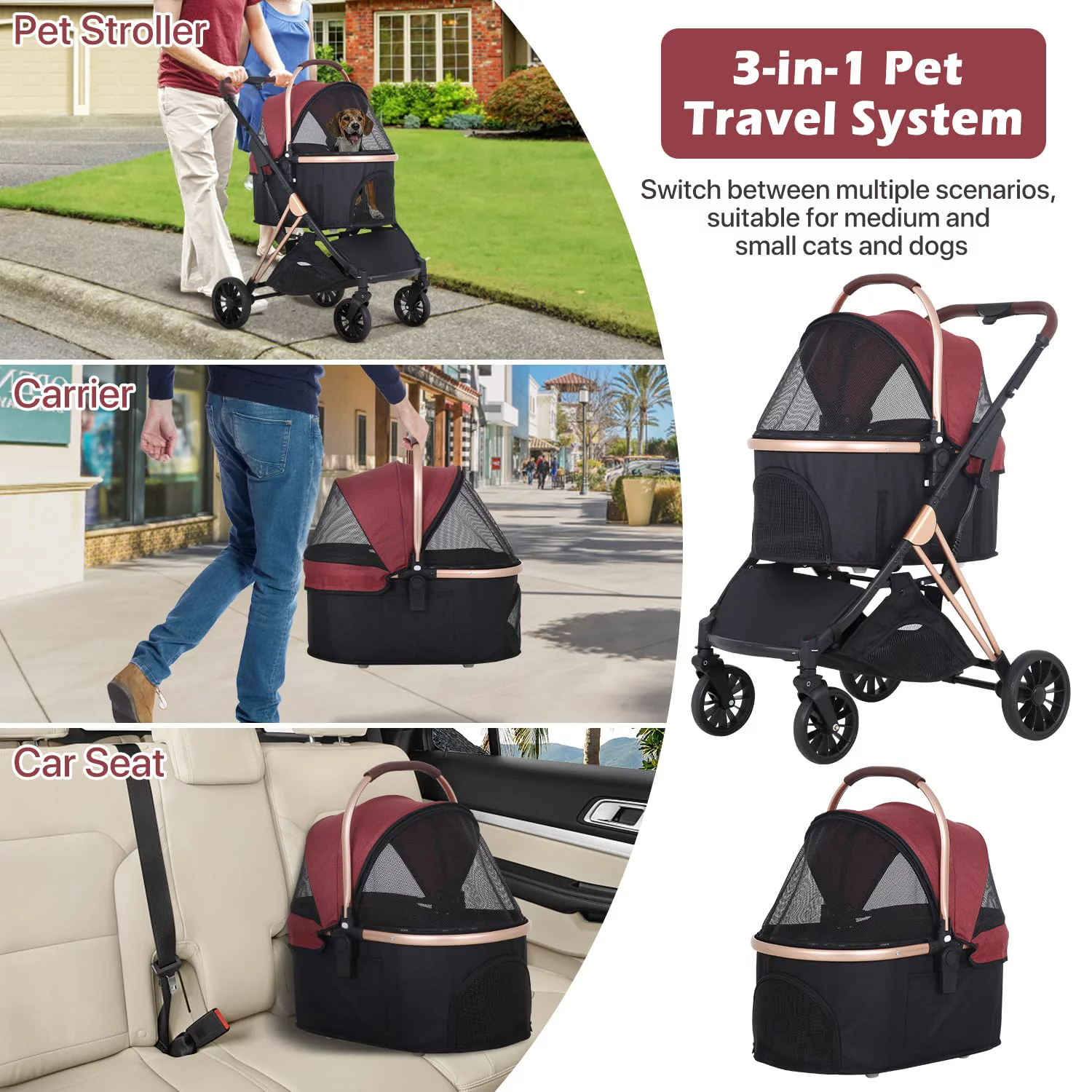 NiamVelo 3-in-1 Dog Cat Stroller for Small Medium Dogs, Premium Foldable Travel Pet Gear Stroller with Detachable Carrier 4 Wheel Wagons, Wine - Curated Treasures Market