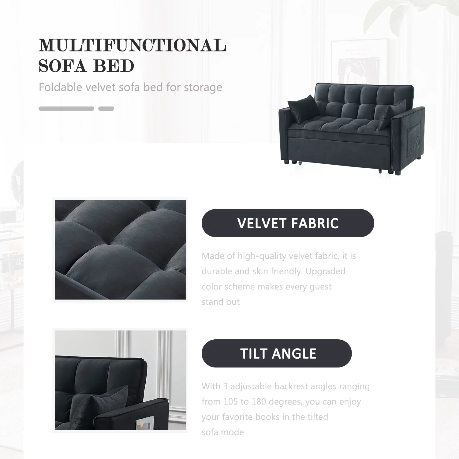 Tzicr 55.5'' 3-in-1 Convertible Sleeper Sofa Bed, Modern Velvet Loveseat Futon Couch Pullout Bed with Adjustable Backrest, Side Storage Pockets and Pillows. (Black) - Curated Treasures Market