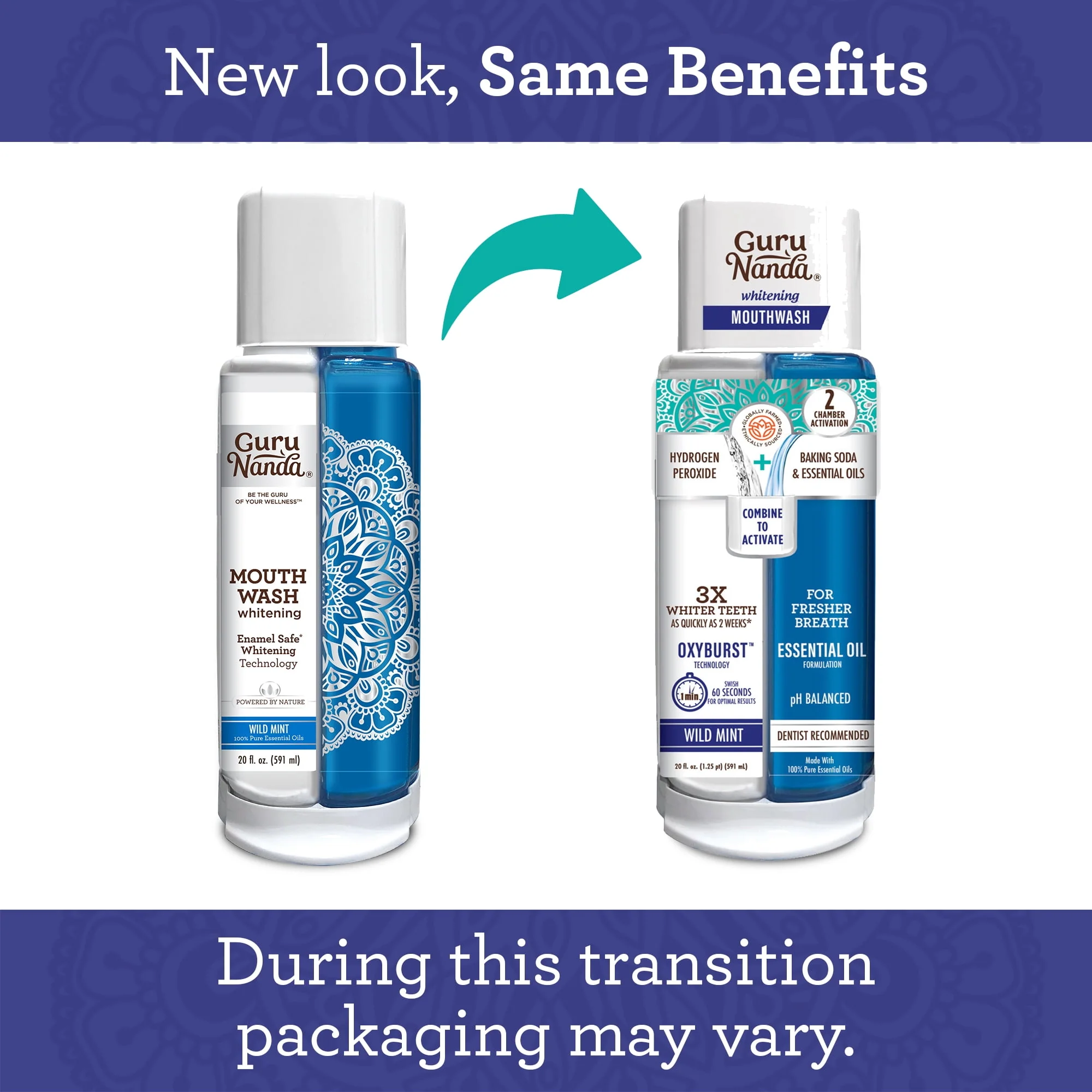 GuruNanda Dual Barrel Natural Mouthwash - Oral Rinse - Alcohol & Fluoride Free, Wild Mint, 20 oz