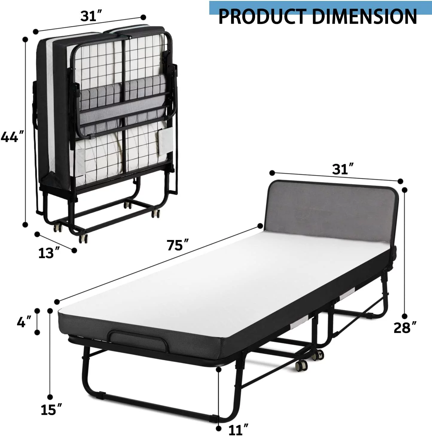 Single Folding Bed with Memory Foam Mattress for Adults Portable Rollaway Cot Size Guest Bed with Headboard&Sturdy Steel Frame on Wheels 75 x 31 Inch (Wood Headboard) - Curated Treasures Market