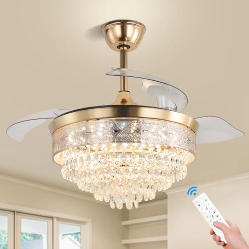 42'' Dimmable Fandalier Crystal Ceiling Fans LED Retractable Ceiling Fandeliers Chandelier with Light and Remote Ceiling Fan for Bedroom, APP & Memory Function, 6 Speeds