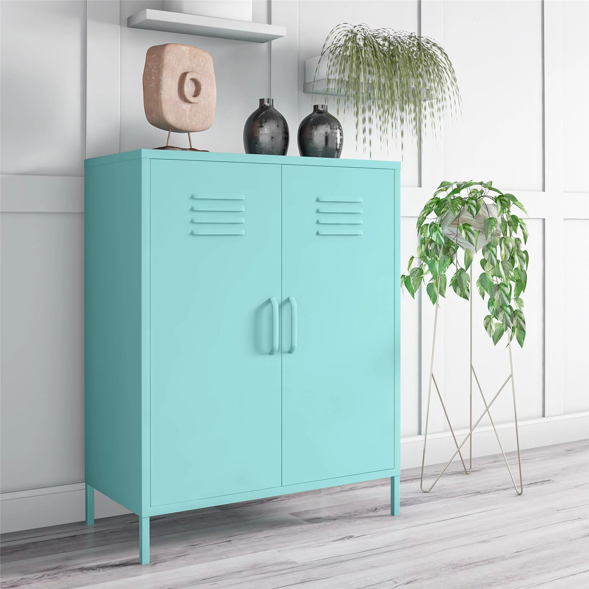 Novogratz Cache 2 Door Metal Locker Style Storage Accent Cabinet, Mint - Curated Treasures Market