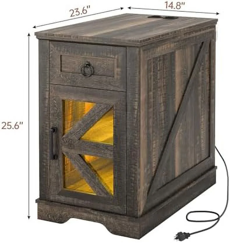 JDZHAPPYLIFE End Table  with LED Lights & Charging Station  Farmhouse Wooden Set 2  with Sliding Drawers  Narrow Nightstand with LED Lights for Bedroom  Living Room (White  2PCS) - Curated Treasures Market