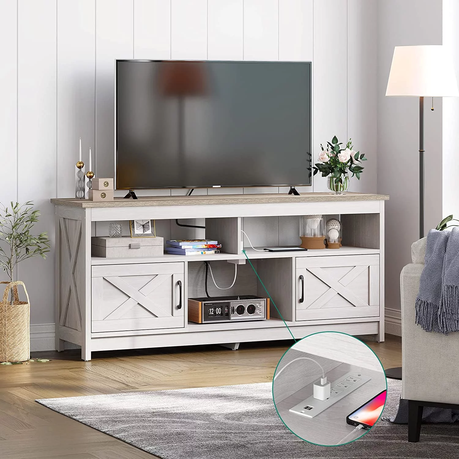 DEXTRUS Farmhouse TV Stand up to 65 inch with Power Outlet, Media Console with Storage Shelves for Living Room, Grey Wash - Curated Treasures Market