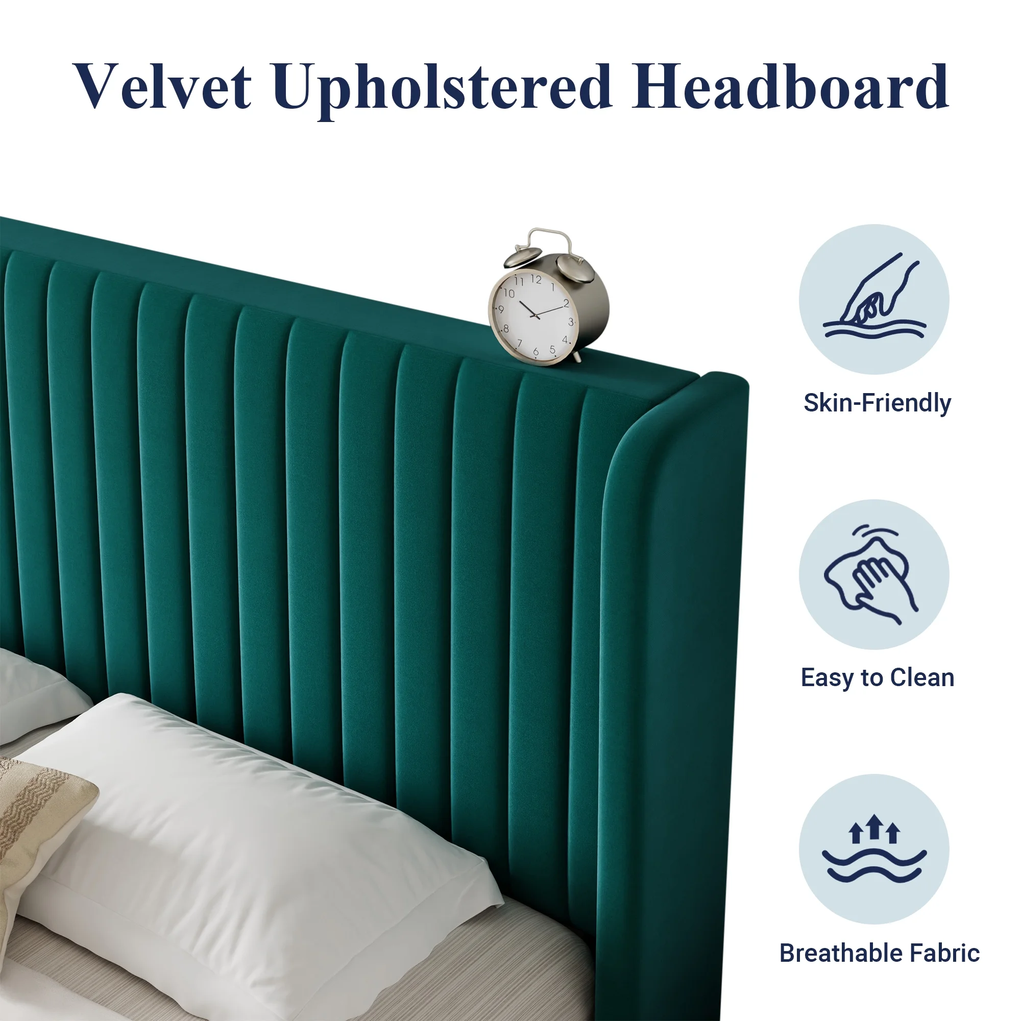 Sifurni Queen Size Velvet Platform Bed Frame with Vertical Channel Tufted Wingback Headboard, Off White