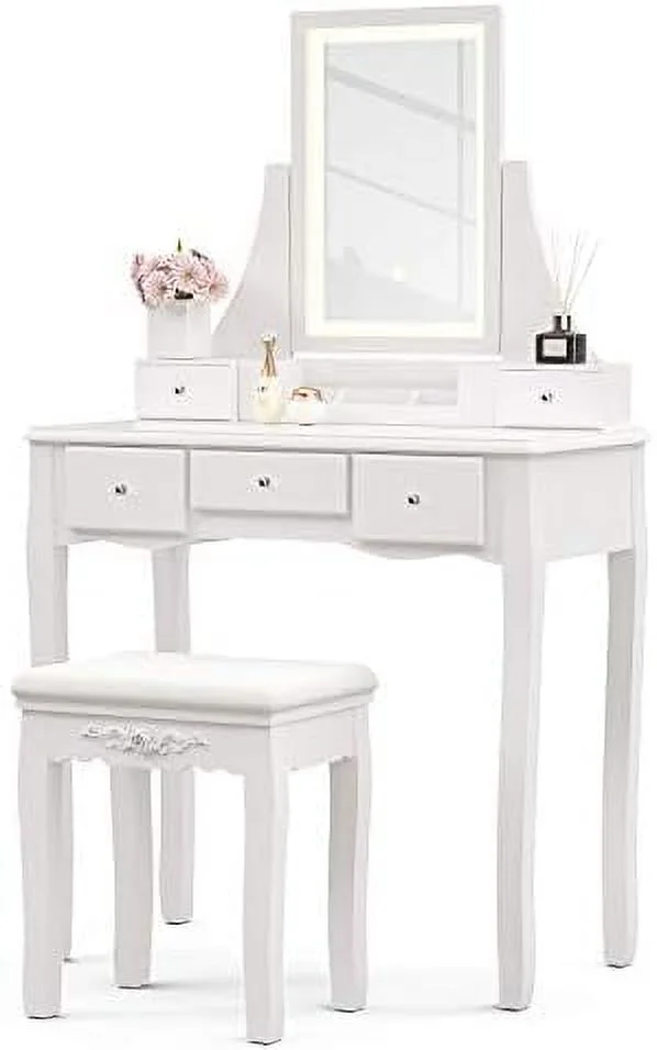 HYHBIBOOM Vanity Set with Lighted Mirror  Vanity w/10 LED Dimmable Bulbs Dressing Table with Cushioned Stool&5 Drawers 3 Removable Dividers for Bedroom Vanity Desk White - Curated Treasures Market