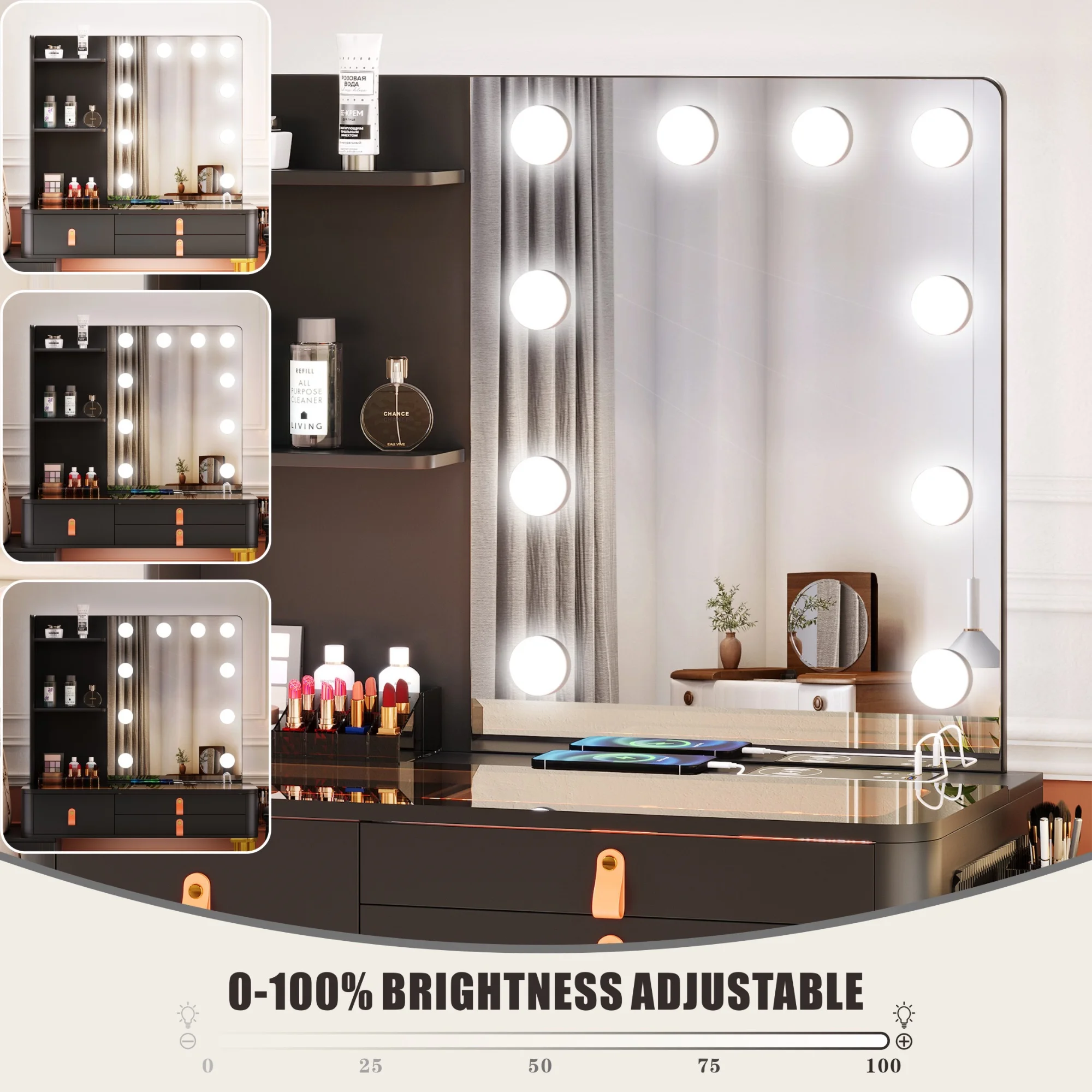 FREDEES Makeup Vanity Desk Set with Hollywood Mirror and Led Lights and Charging Station for Bedroom, Black - Curated Treasures Market