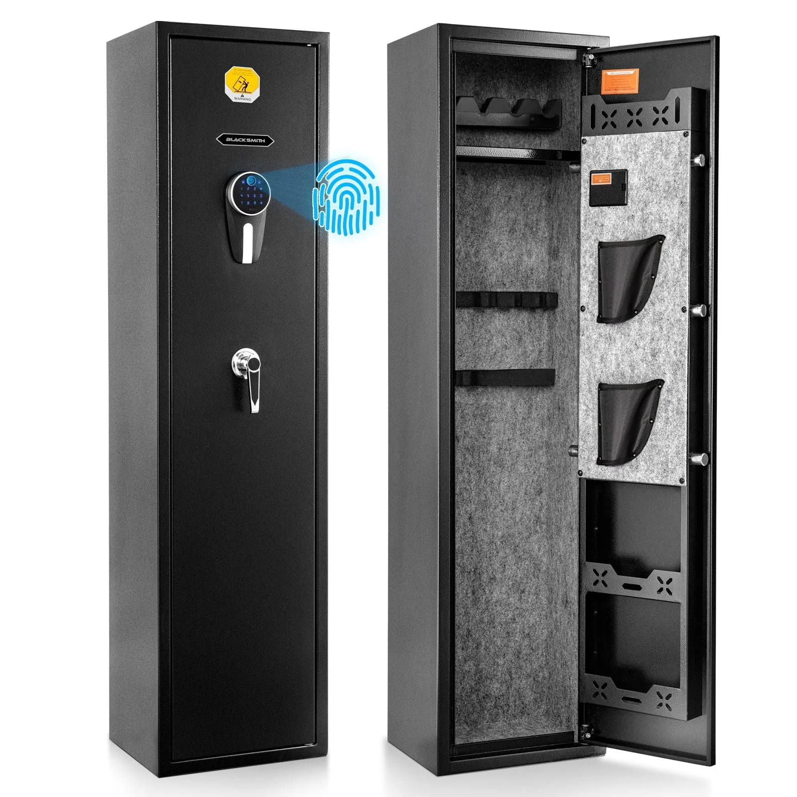 BlackSmith Large Gun Cabinet Fingerprint Biometric Gun Safe for Home Rifles and Pistols Quick Access 6 Rifle Safe Fingerprint Wall Mount Rifle Gun Cabinet with Small Lock Box Gun Safe for Home Closet