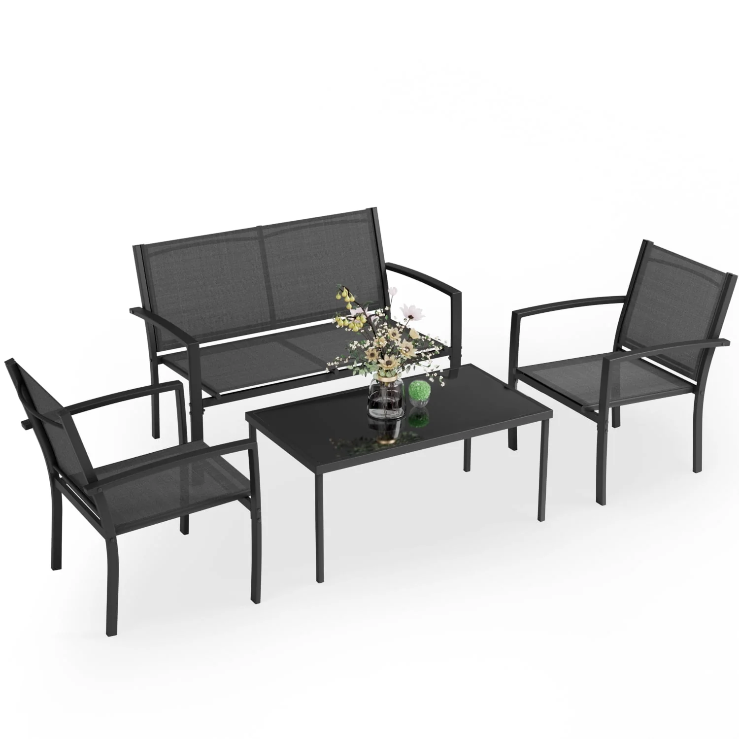 LACOO 4 Pieces Outdoor Furniture Set Patio Textilene Steel Conversation Set with Loveseat Tea Table for Lawn and Balcony, Black