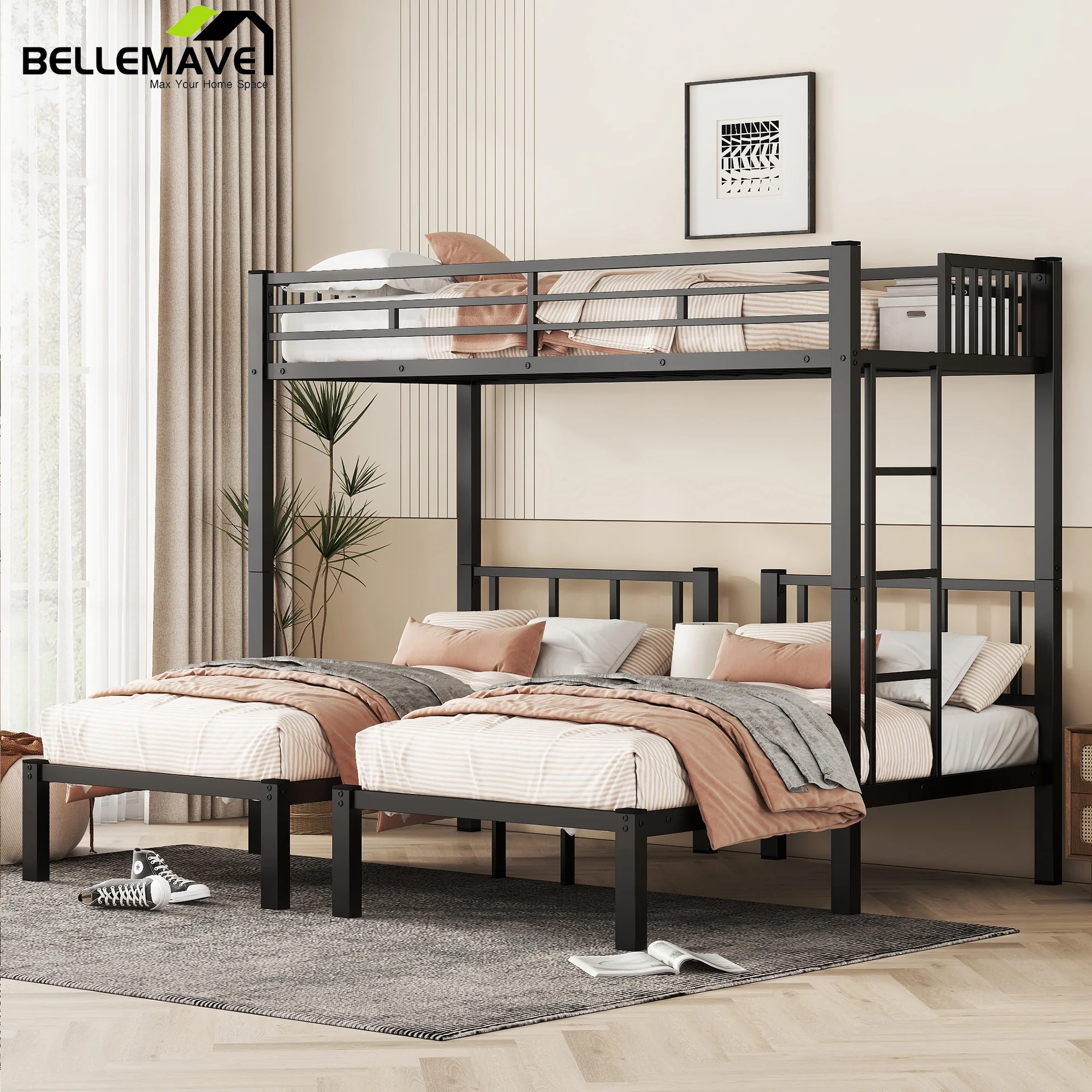 Bellemave Twin over Twin and Twin Bunk Bed Frame Noise Reduced Metal Triple Bunk Bed with Slats Lockers 3 Beds in 1 Bunk Bed Frame Convertible 3 Bunk Bed for Kids Teens Boys Girls, Black - Curated Treasures Market