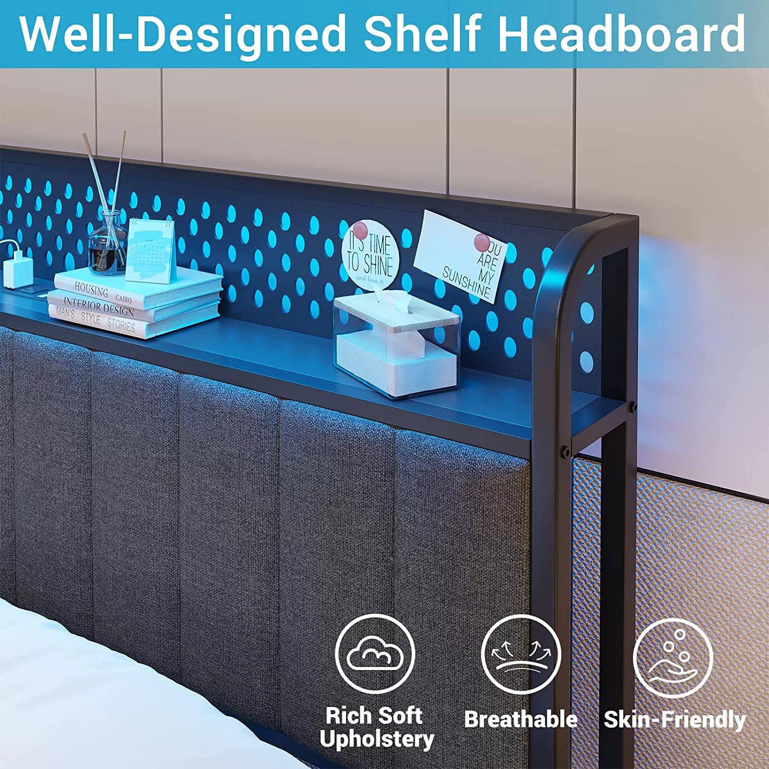 ADORNEVE Full Bed Frame with LED Headboard and 4 Drawers, Upholstered Metal Platform Bed with USB Ports & Charging Outlets, Verticle Channel Tufting, Dark Gray - Curated Treasures Market