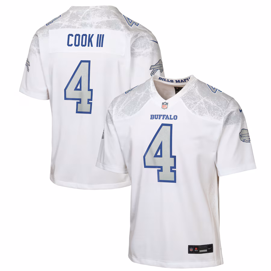 Youth Buffalo Bills James Cook III Nike White 2025 Rivalries Collection Game Jersey