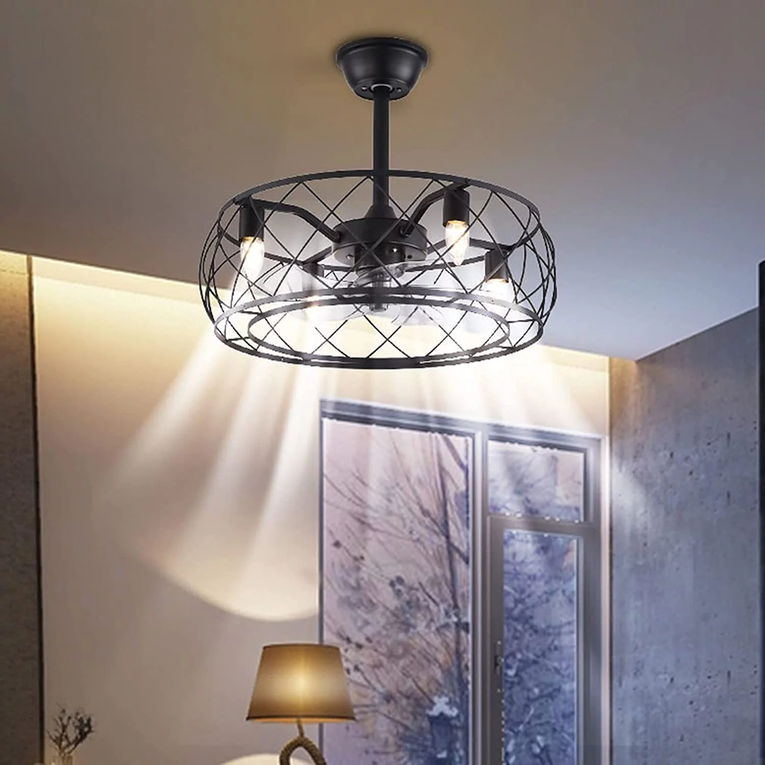 Miumaeov 18 Inch Enclosed Ceiling Fan with Light and Remote Control 3 Wind Speed Timing Smart Ceiling Fan Chandelier Iron Frame Black