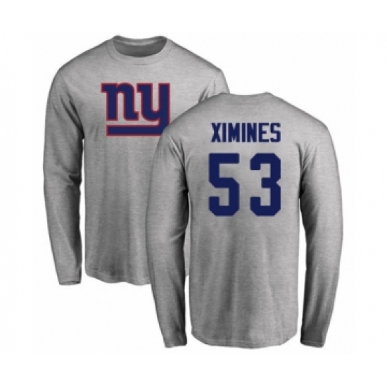 Football New York Giants #53 Oshane Ximines Ash Name & Number Logo Long Sleeve T-Shirt