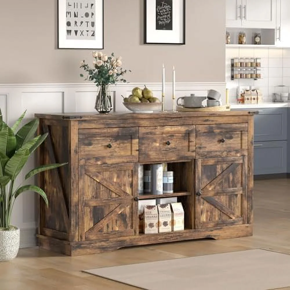 TJCGDTY Farmhouse Buffet 3 Drawers Cabinet with   Morden Barn Doors  Cabinets with Drawers and Shelves  Coffee  Cabinet for Kitchen  Dining Room  Living Room  Brown - Curated Treasures Market