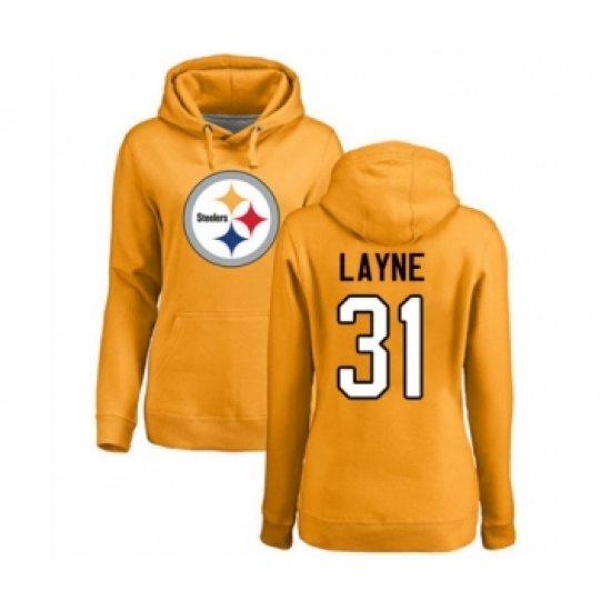 Women's Pittsburgh Steelers #31 Justin Layne Gold Name & Number Logo Pullover Hoodie