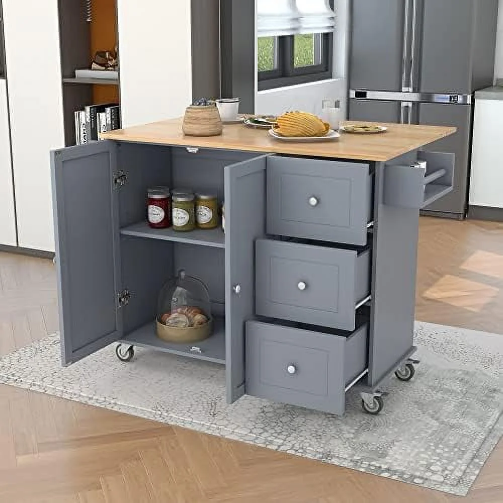 Rolling Kitchen Island Cart on Wheels with Drop Leaf and 3 Drawers  Mobile Portable Kitchen Island Table with  Cabinet  Towel and Spice Rack  for Living Room Dinning Room (Black) - Curated Treasures Market