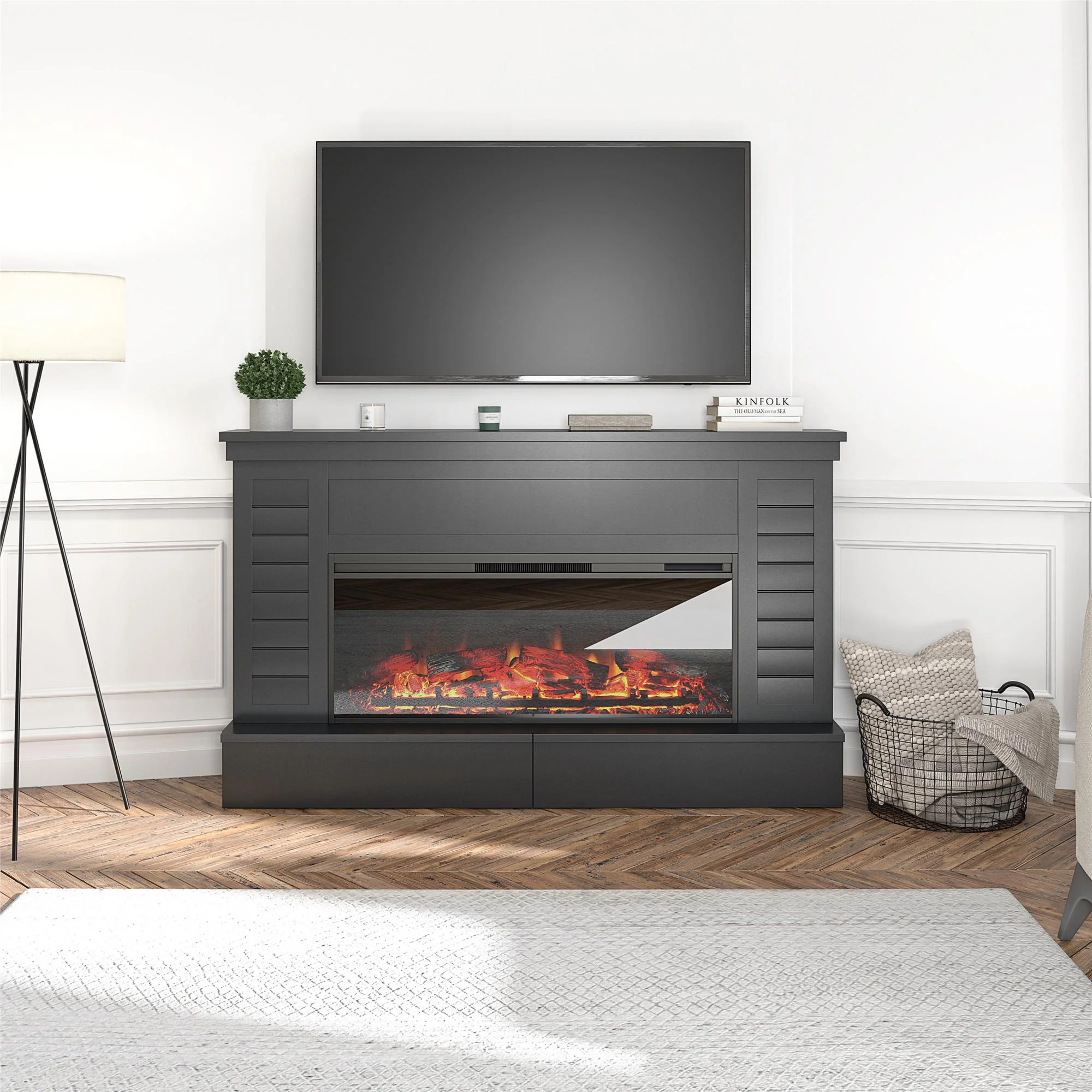 Ameriwood Home Heritage Place Wide Shiplap Mantel with Linear Electric Fireplace and Storage Drawers. Black