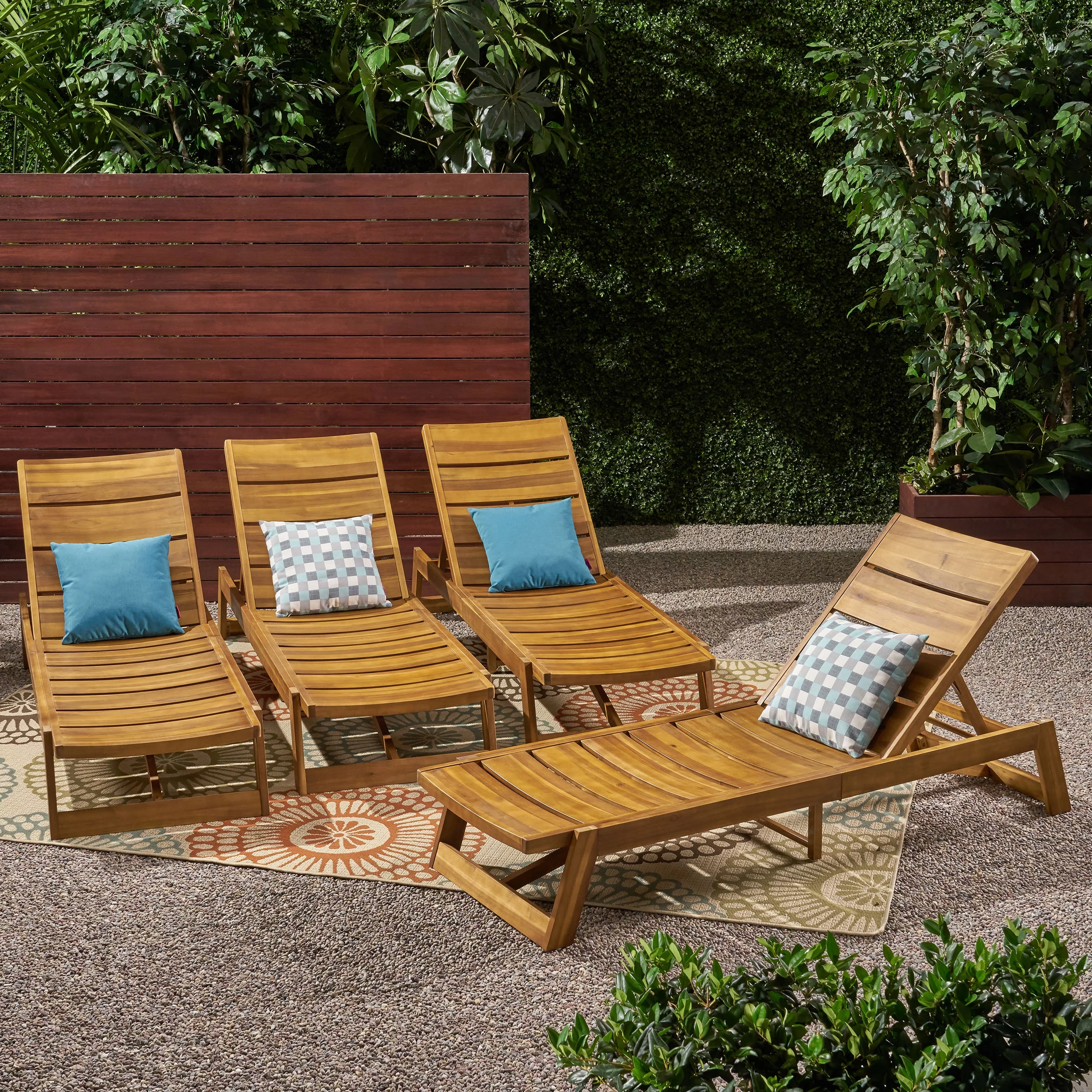 GDF Studio Lillian Outdoor Acacia Wood Armless Adjustable Chaise Lounges, Set of 4, Teak and Yellow - Curated Treasures Market