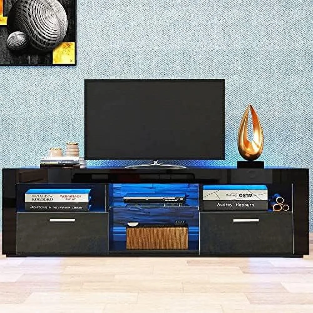 CGFHYP TV Stands 55 inch with 2  Drawer - Black TV Stand with LED Lights  TV Console Table Entertainment Center for 55+ inch Media Table  Television Stands for Living Room Bedroom - Curated Treasures Market