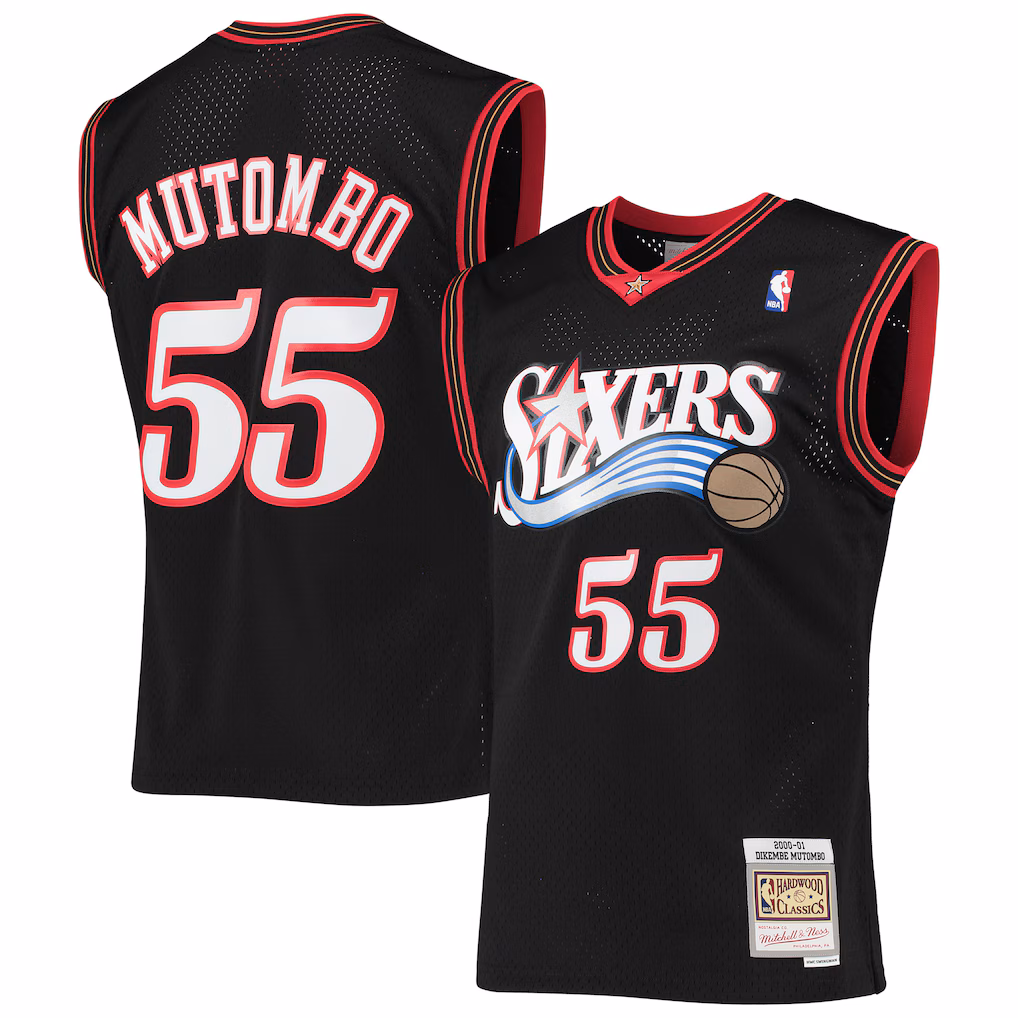 Men's Philadelphia 76ers Dikembe Mutombo Mitchell & Ness Black Hardwood Classics Swingman Jersey