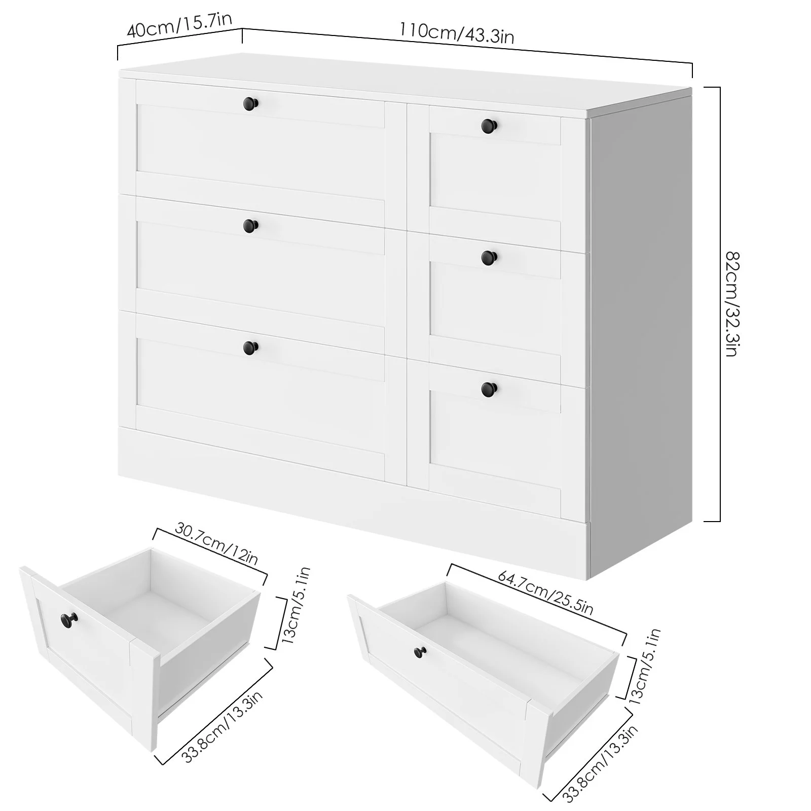 Homfa 6 Drawer White Double Dresser, Wood Storage Cabinet Chest of Drawers for Bedroom Living Room