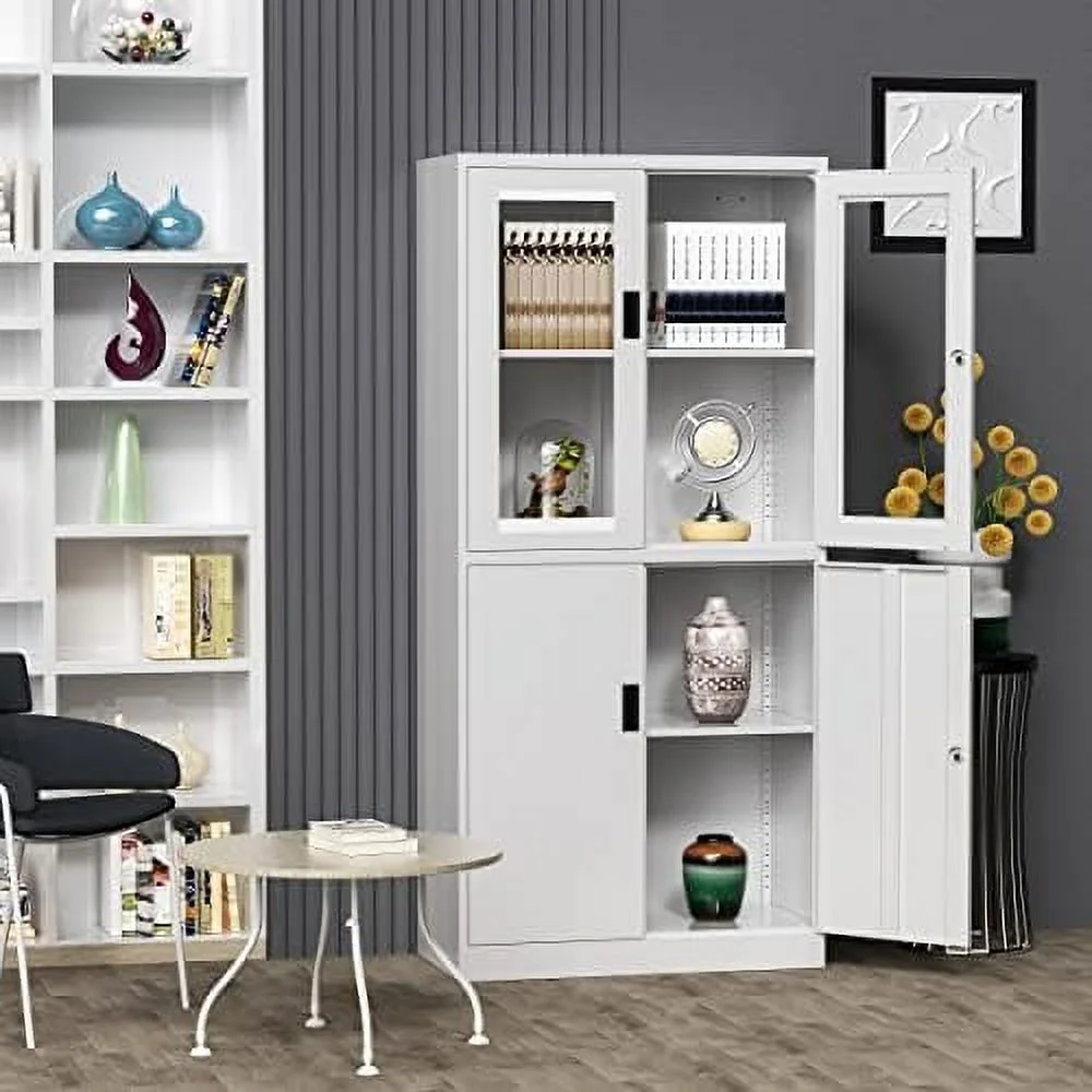 CHYUINJ Glass Display Cabinet Curio Cabinet with Glass Door and Adjustable Shelves  71" Tall Freestanding Steel Kitchen Pantry Cabinet Bookcase Metal Locker  Cabinet for Home  Living - Curated Treasures Market