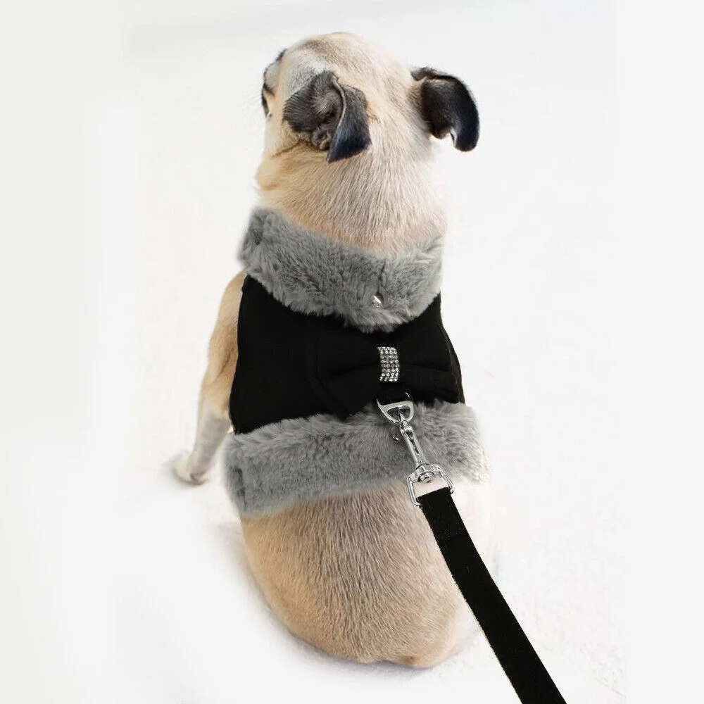 Warm Fleece Mesh Padded Vest Cute Bow Tie Dog Cat Harness and Leash Winter Coat - Curated Treasures Market