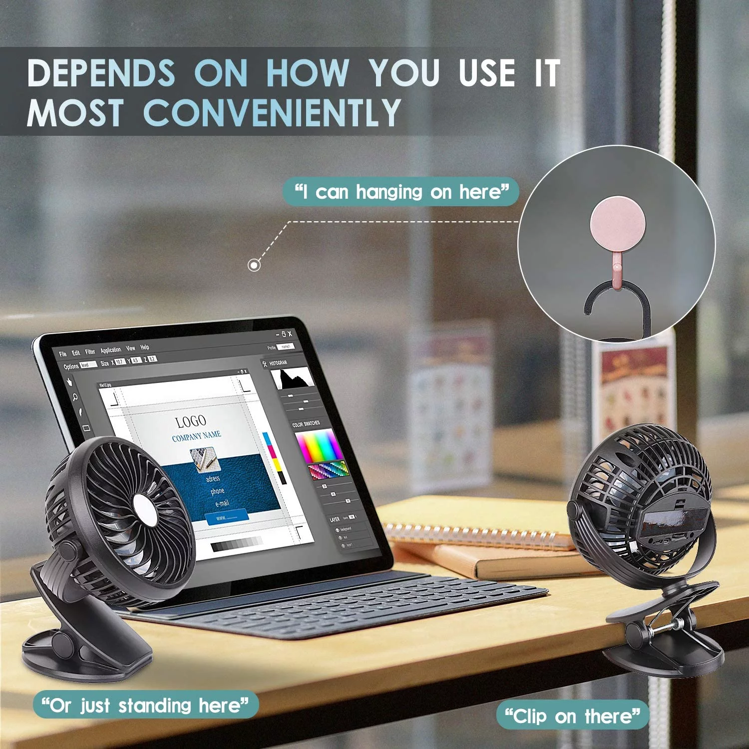 SkyGenius Portable Clip on Fan Battery Operated Fan with Hanging Hook Rechargeable Stroller Fan, Black