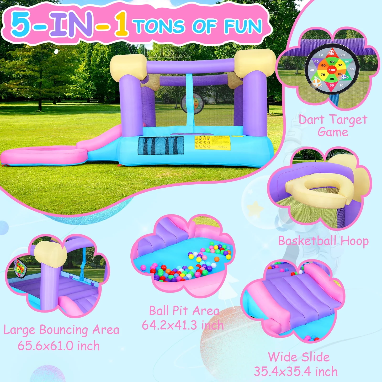 Qhomic Bounce House, Inflatable Bounce House with Blower, Indoor Ball Pit Jumping Bouncy House with Slide, Dart Game, 50 Balls, Suitable for 2-12 Years Olds, Suitable for Backyard Outdoor Indoor