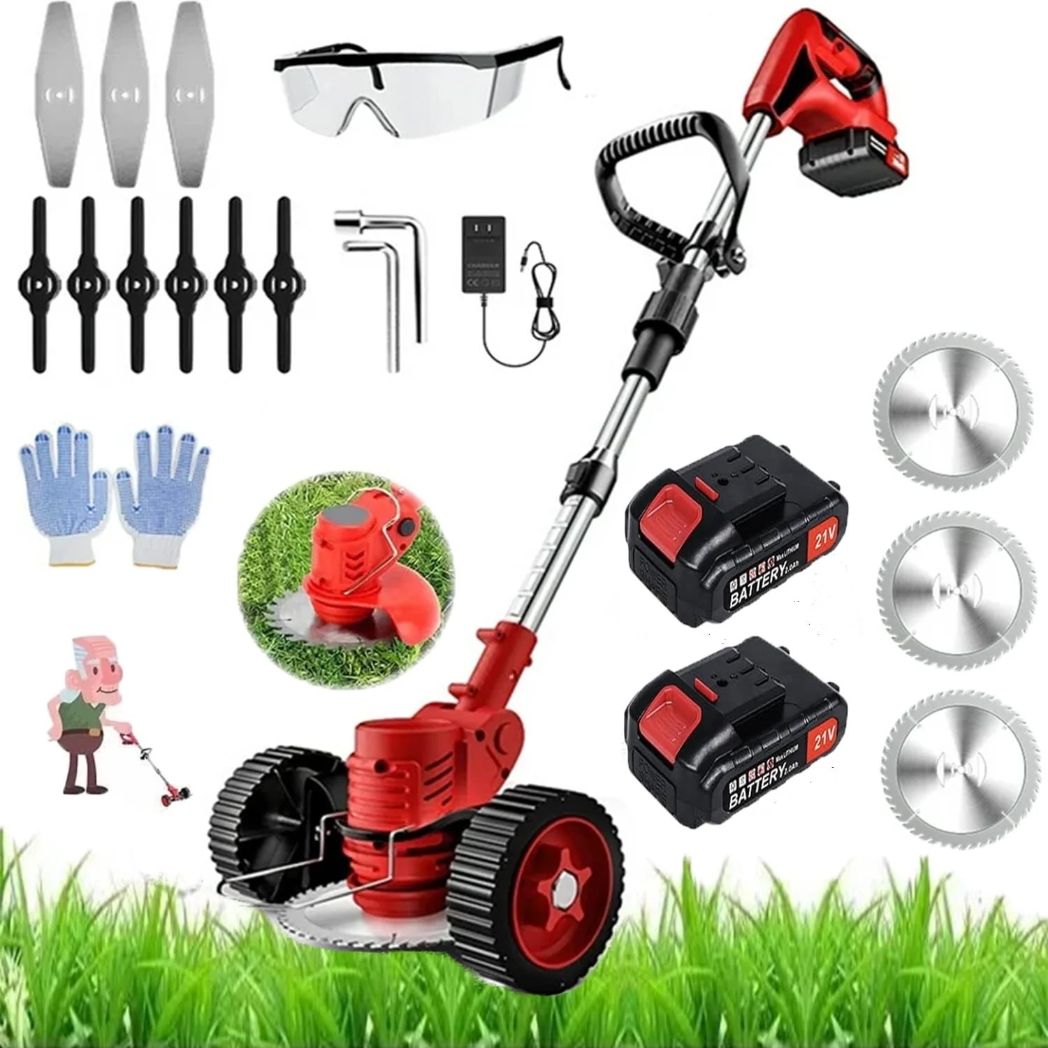 Grass Trimmer Cordless Electric Weed Eaters & Weed Trimmer with 3 Types Blades 2 Batteries Lightweight for Garden Yard Lawn Trimming/Pruning
