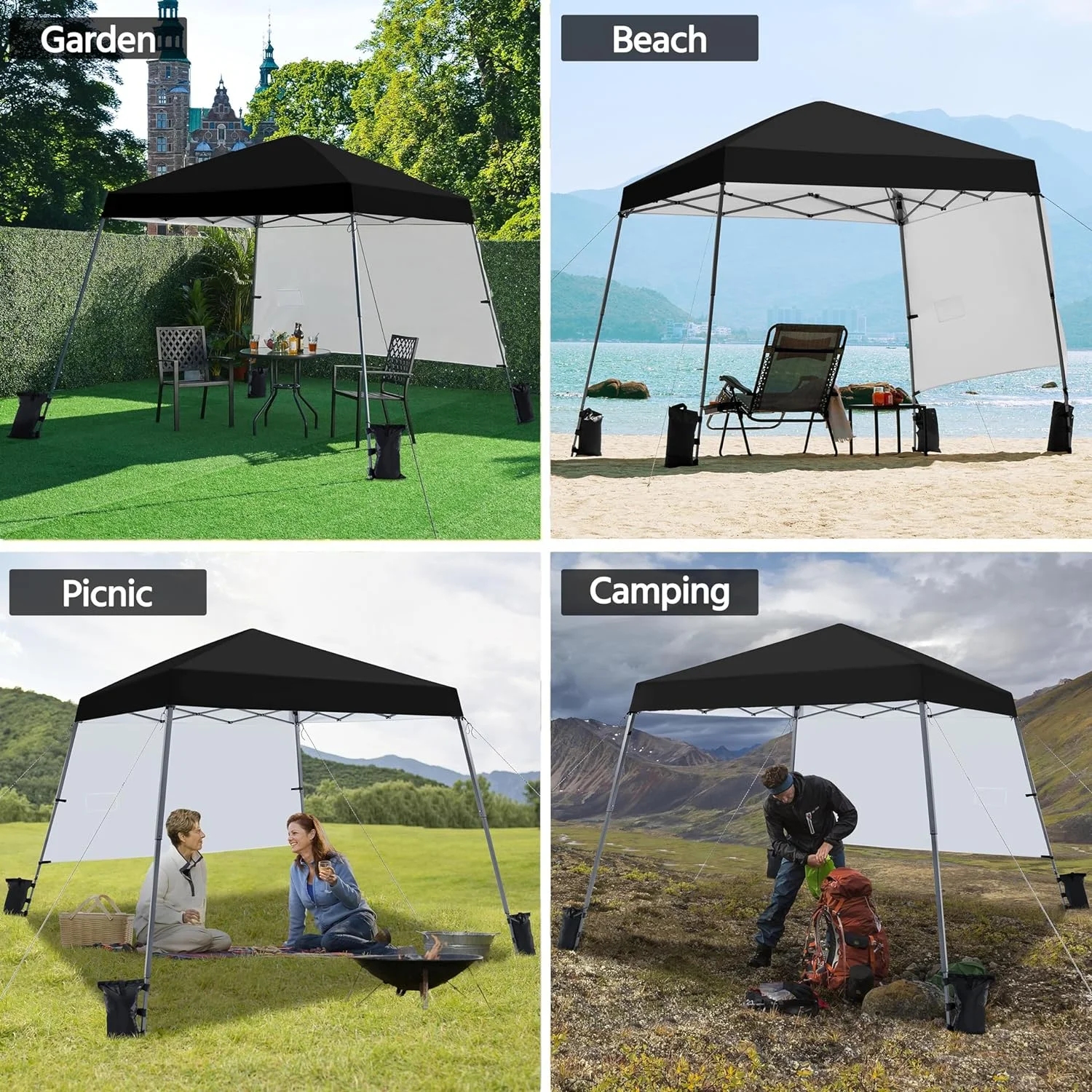 U-SHARE Pop Up Canopy Tent with Backpack, 10x10 Base Portable Easy One Person Setup Folding Shelter Compact Lightweight Slant Leg Canopy with 1 Sidewall, 8x8 Top, Black - Curated Treasures Market