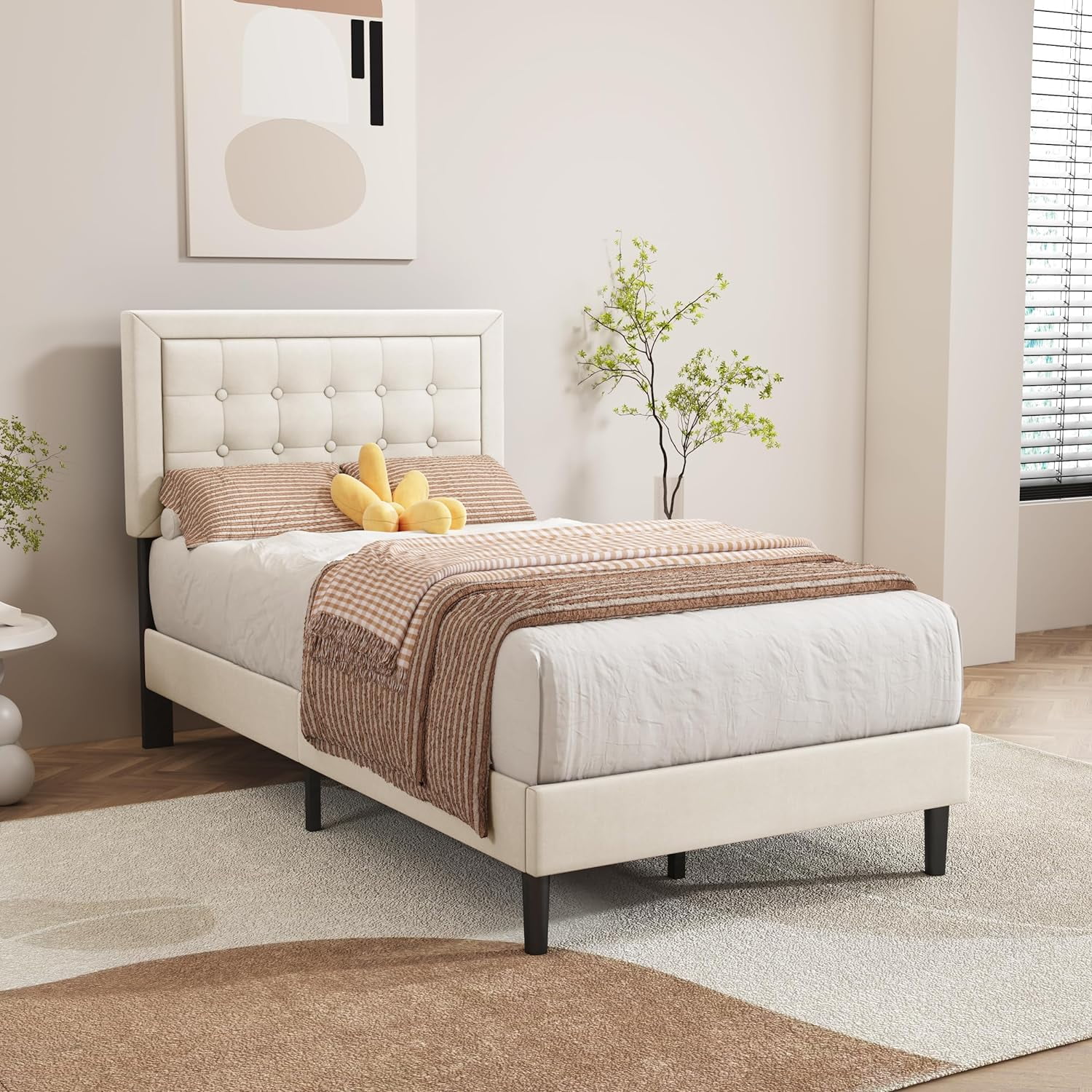 alazyhome Velvet Upholstered Platform Bed Frame Twin Size with Button Tufting Headboard , Easy Assembly, Pink