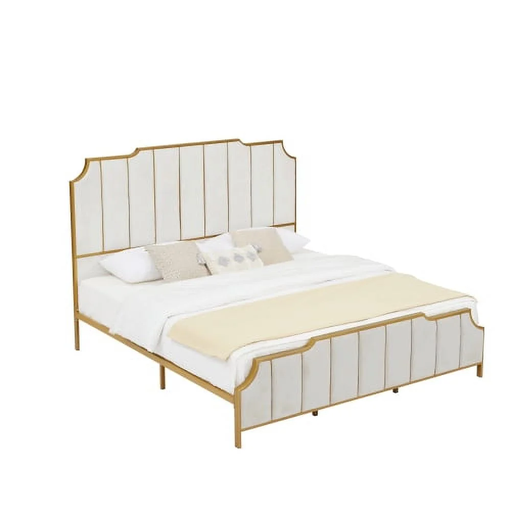 King Size Bed Frame.Upholstered Platform Bed & High headboard with Wood Slat Support.No Box Spring Needed.Easy Assembly. Velvet White