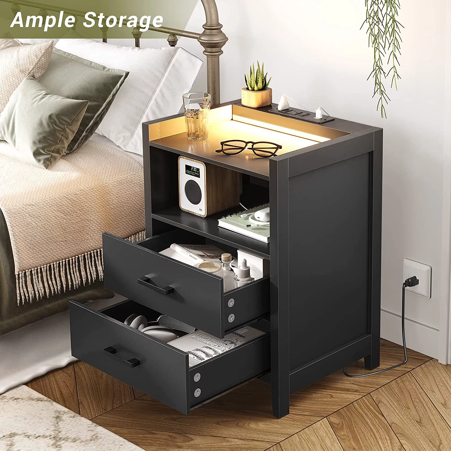 Nightstand with 2 Drawers & LED Lights & Charging Station, Modern Black End Side Table for Bedroom Living Room