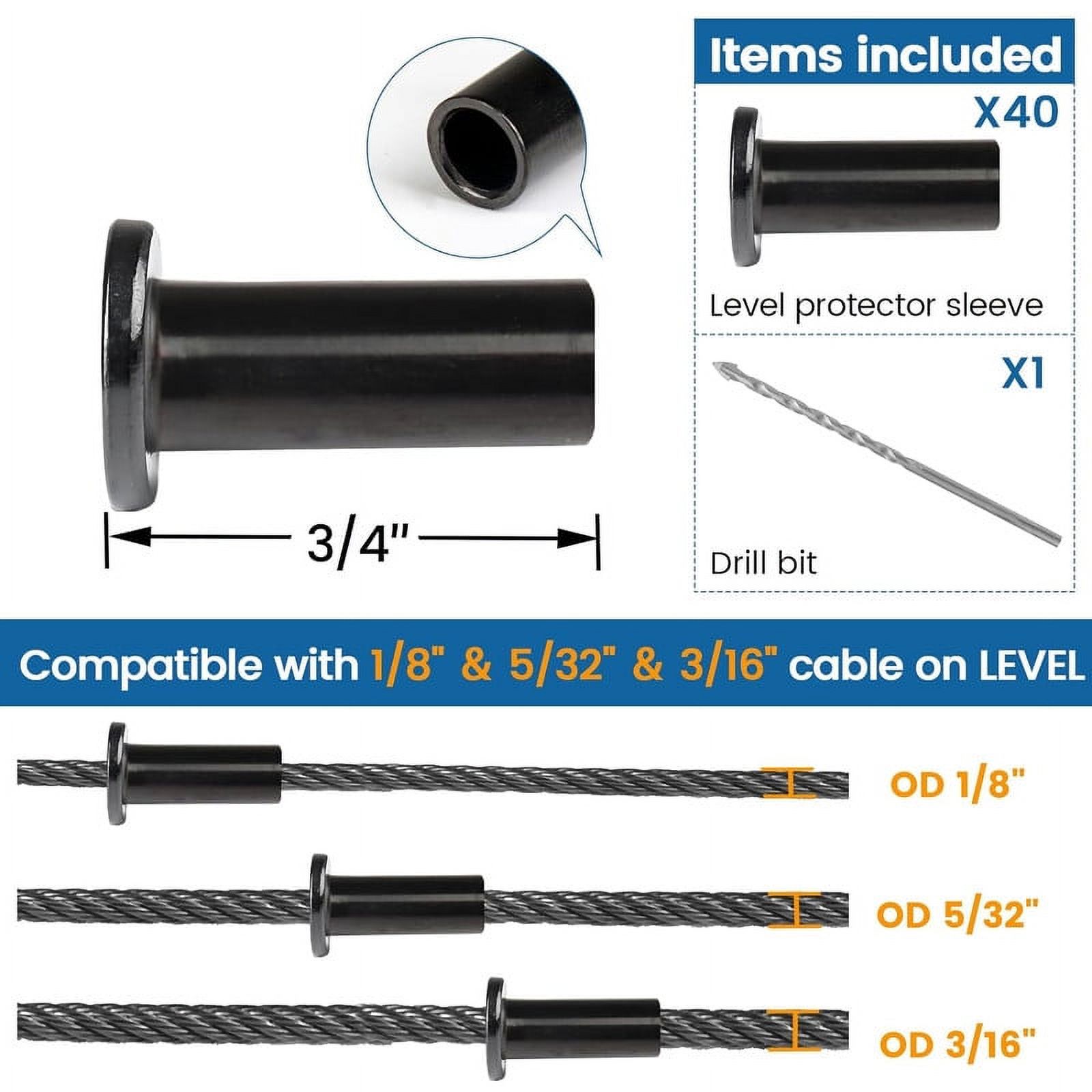 20Pack Black Cable Railing Kit Protector Sleeves Protective Grommet for 1/8