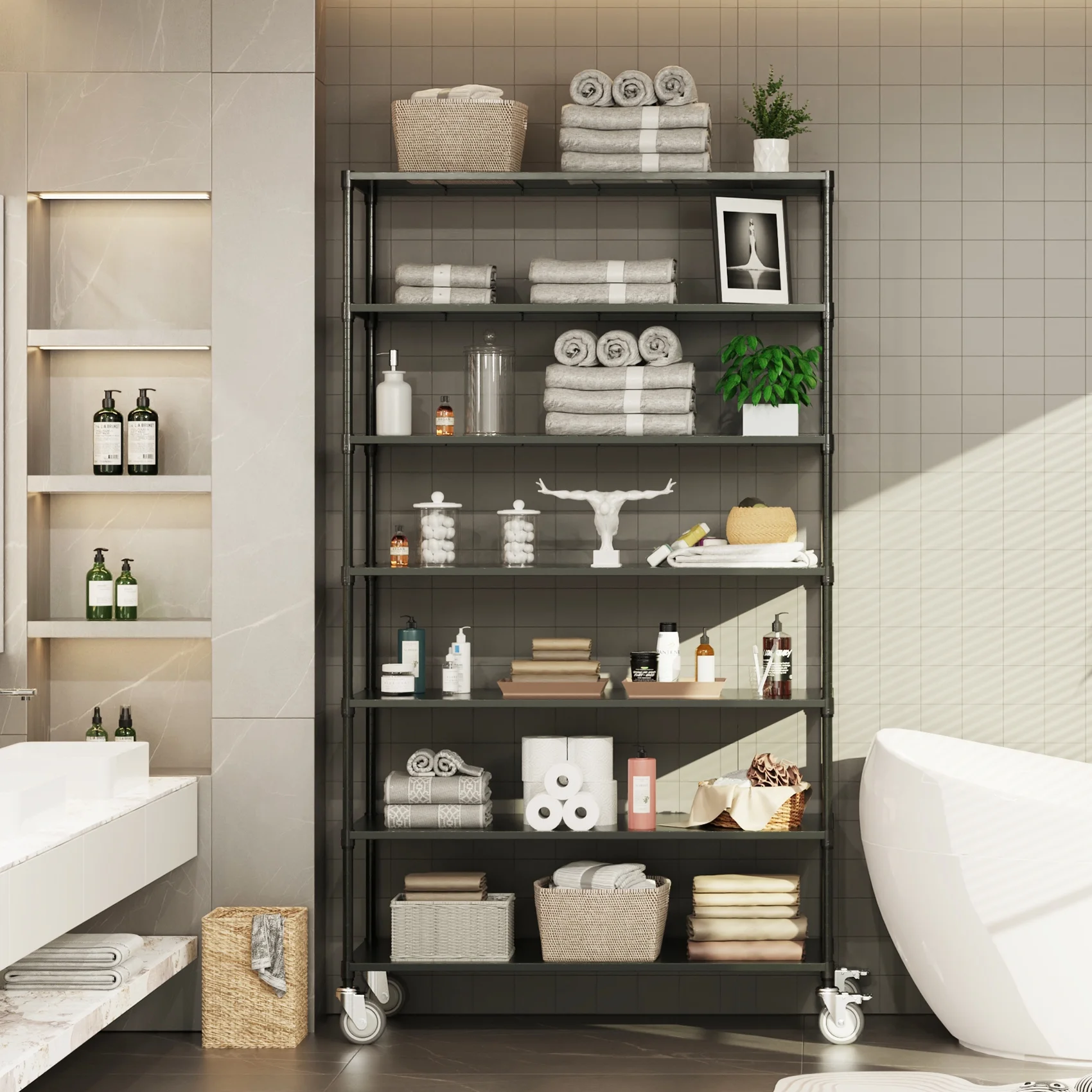 Ufurpie 7 Tier Standing Shelf Units,2800 LBS NSF Height Adjustable,Metal Garage Storage Shelves with Wheels,Heavy Duty Storage Rack Metal Shelves,Black - Curated Treasures Market