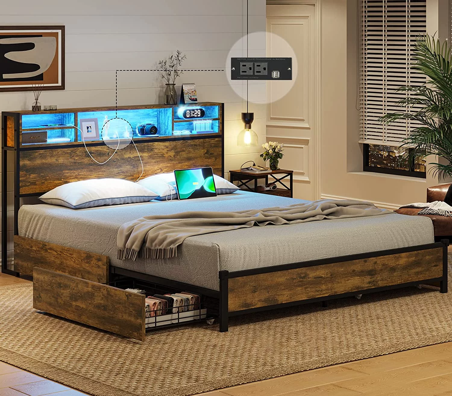 Full Size Bed Frame with LED Light Headboard and USB Ports Outlets, Metal Platform Bed with Headboard Stoarge, No Box Spring Needed, Noise Free, Rustic Brown