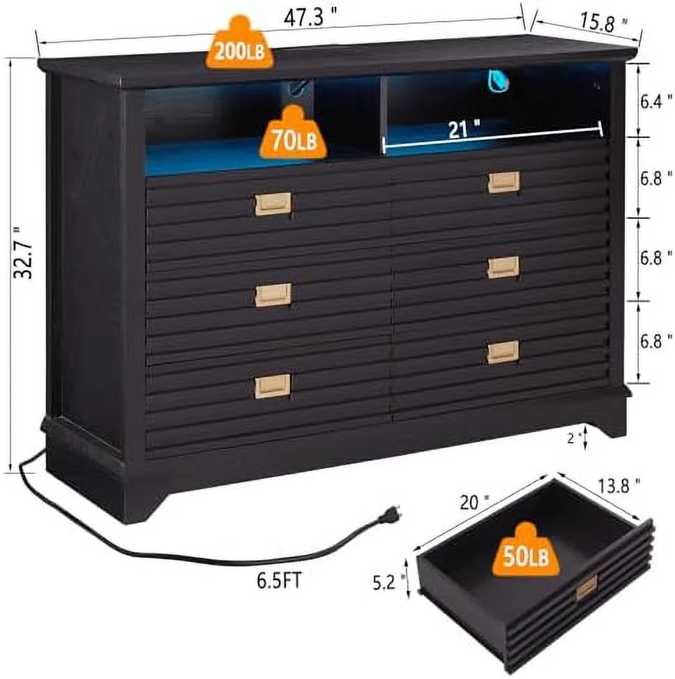 MQLIFEBOOM Dresser for Bedroom with Charging Station  Wide Chest of Drawers with LED Light  Wooden Dresser with 6 Drawers   Organizer Unit with Power Outlet & LED Light for Living Roo - Curated Treasures Market