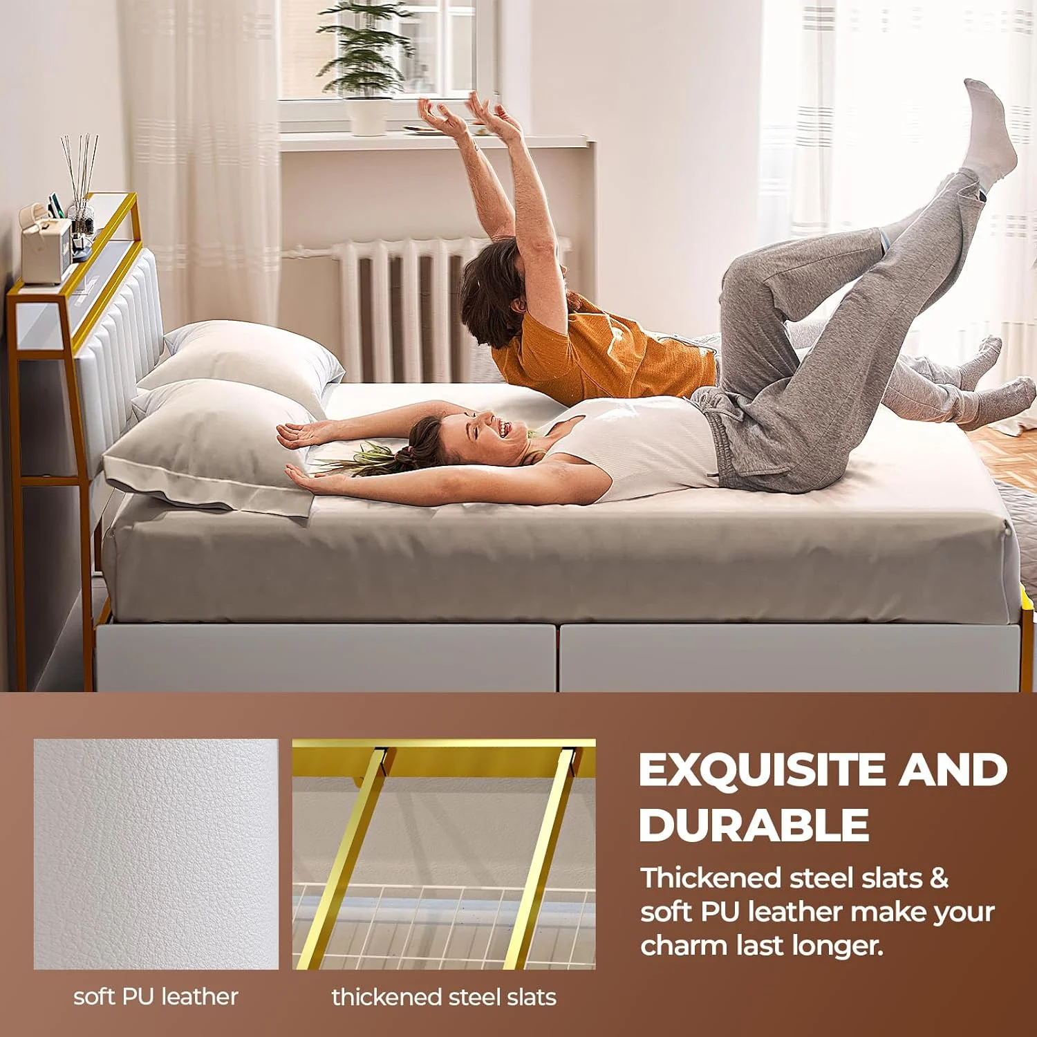 VIPLIVE King Bed Frame with Double Layer Faux Leather Upholstered Headboard and 4 Storage Drawers - Curated Treasures Market