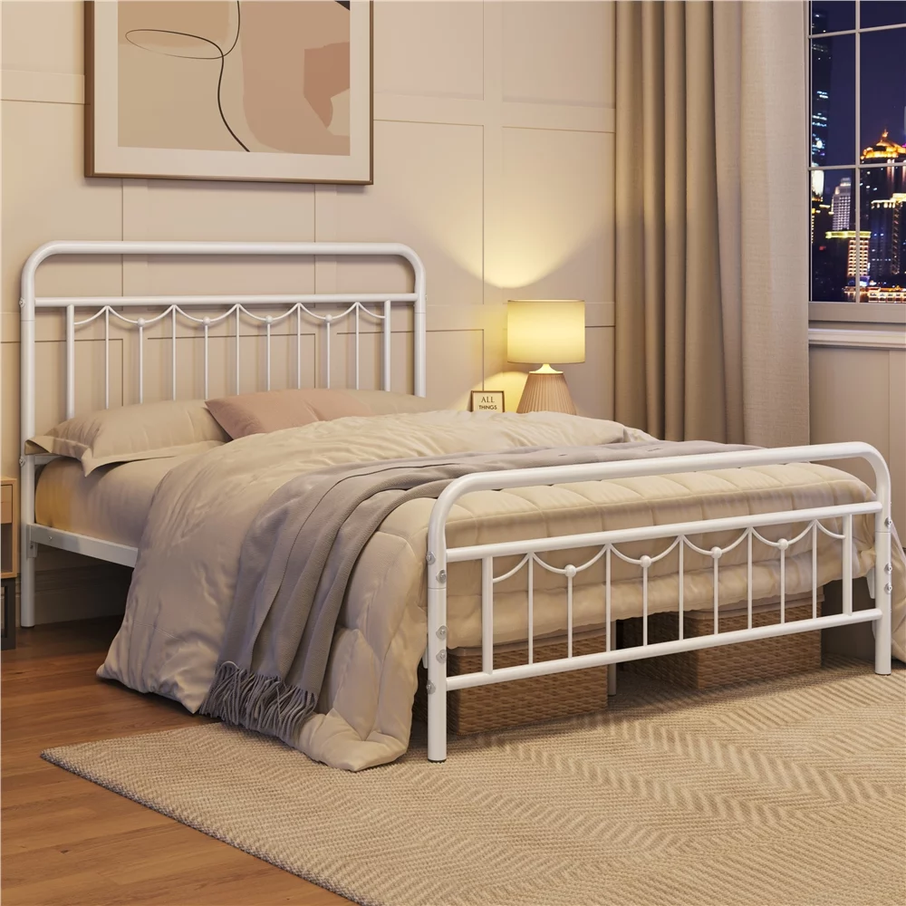 SmileMart Archie Metal Platform Twin Bed with Vintage Headboard and Footboard, Antique Gold