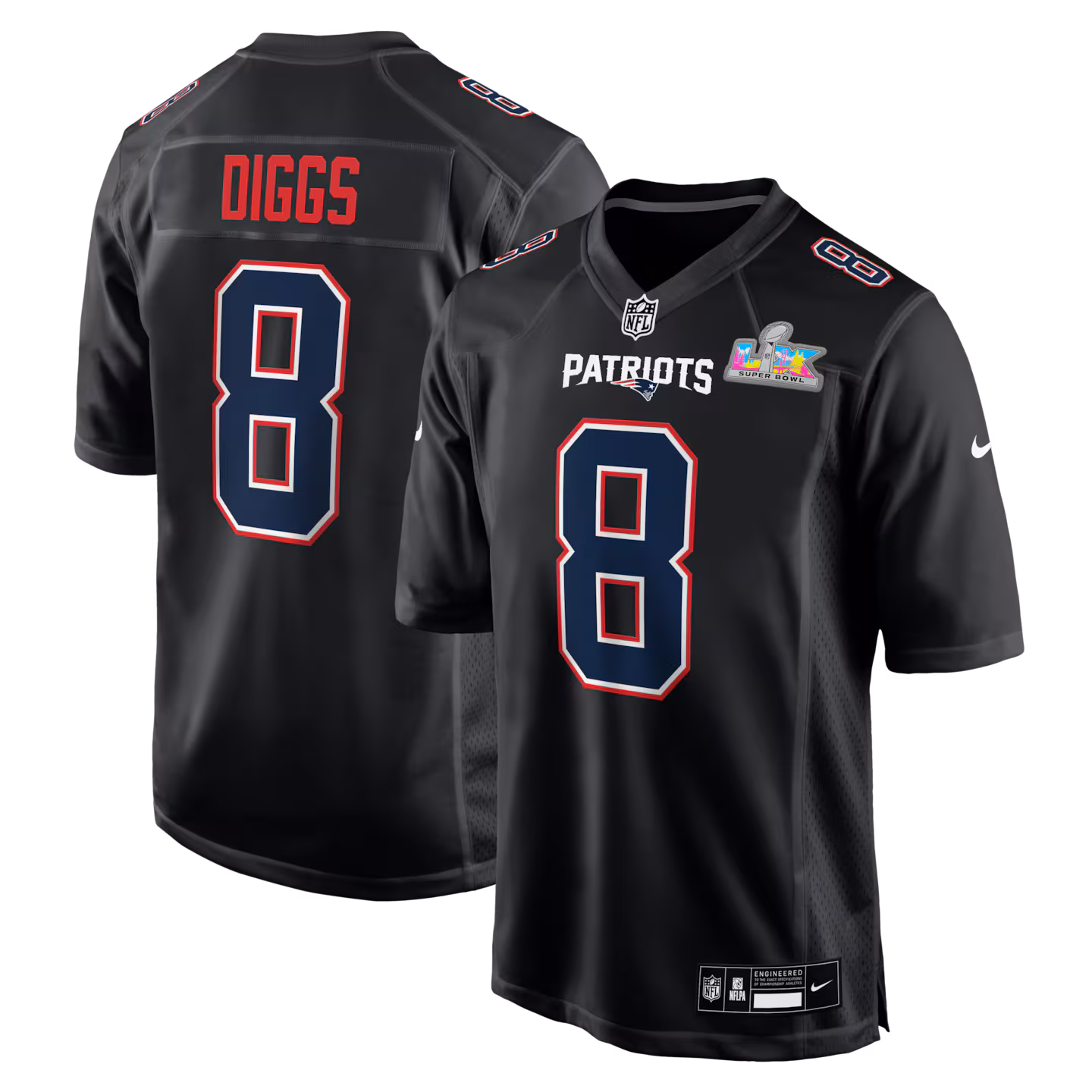 Men's New England Patriots Stefon Diggs Nike Black Super Bowl LX Patch Carbon Fashion Game Jersey