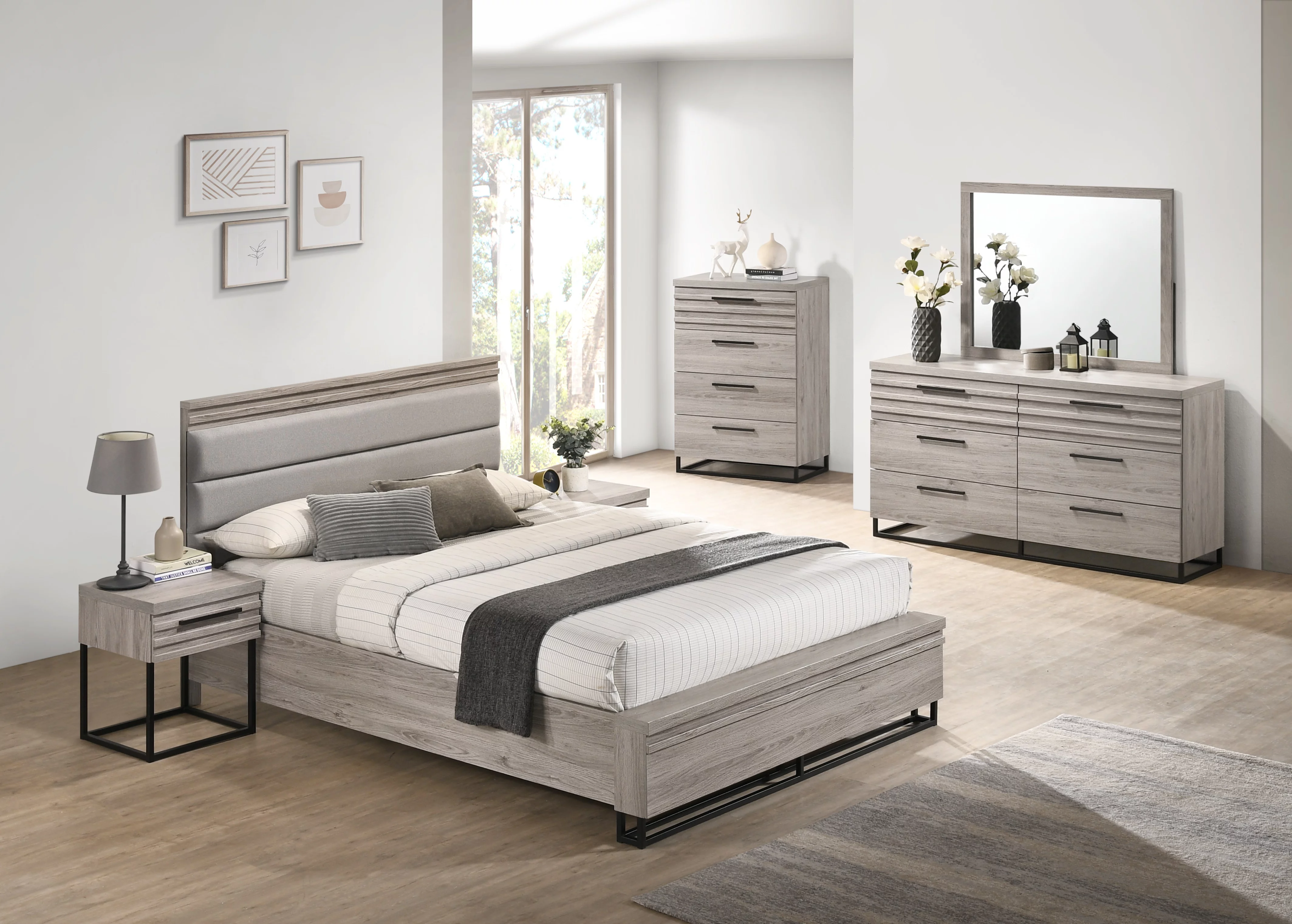Roundhill Furniture Alvear Upholstered Wood Panel Bed. Dresser. Mirror. 2 Nightstands. and Chest. Weathered Gray. Queen