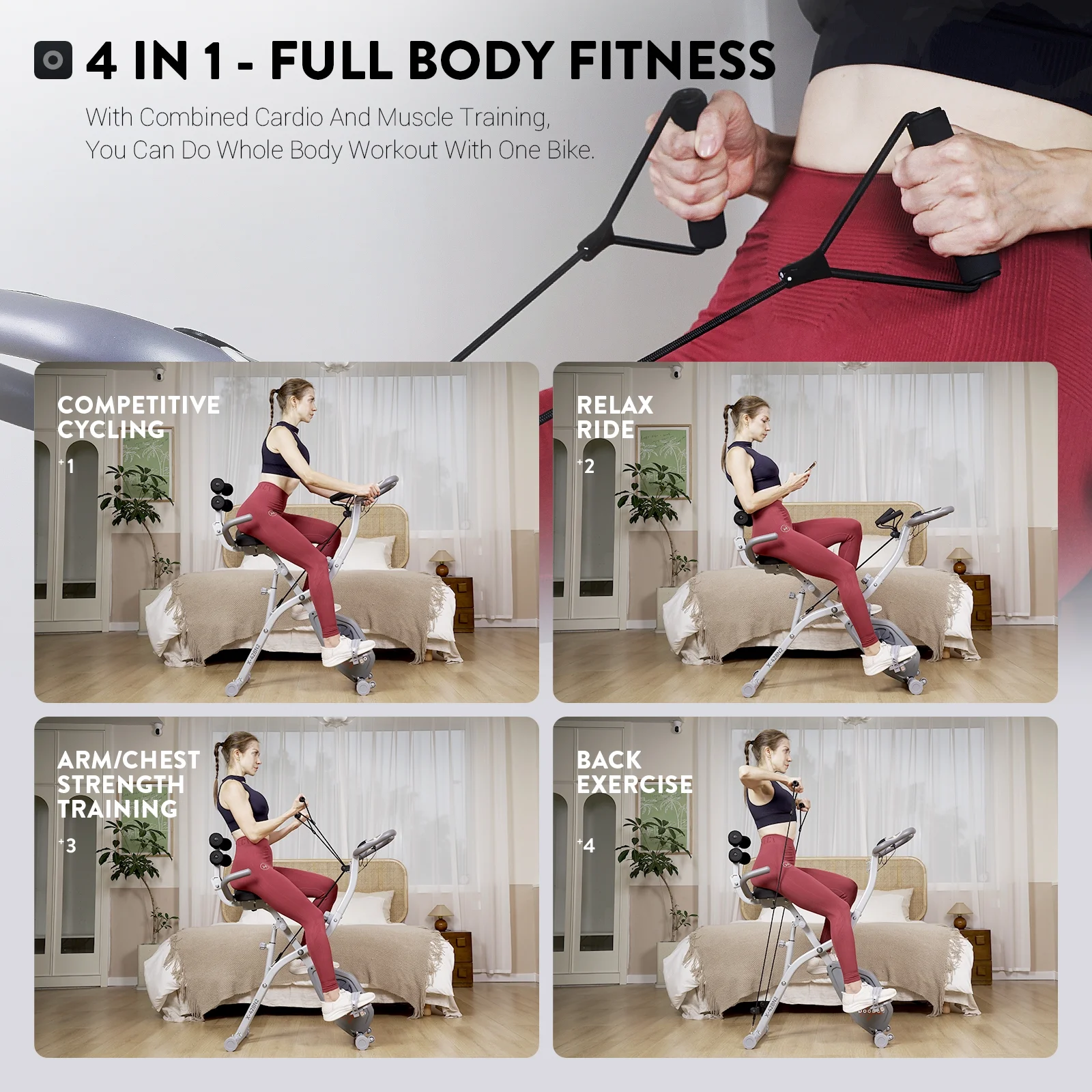 Pooboo 4in1 Folding Exercise Bike Indoor Cycling Bike Stationary Magnetic x Bike Gym Workout 300lb