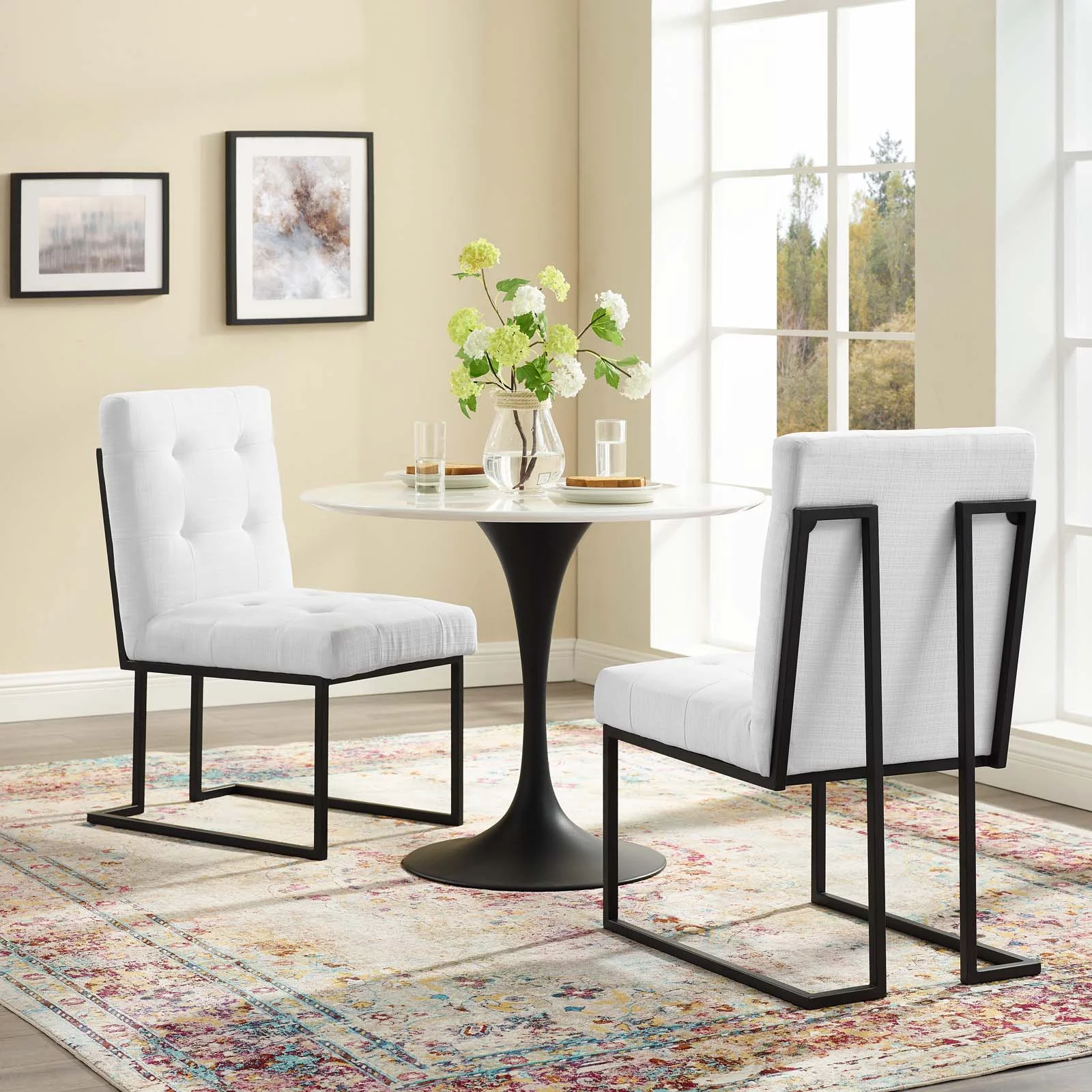 Side Dining Chair, Set of 2, Fabric, Metal Steel, Black White, Modern Contemporary Urban Design, Kitchen Room Cafe Bistro Restaurant Hospitality - Curated Treasures Market